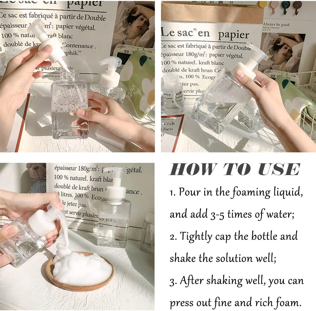 Foaming Soap Dispenser, 450ml(16oz) Refillable Modern Square Pump Bottle for Shampoo, Body Wash, Liquid Soap, PETG Plastic Empty Soap Dispenser for Kitchen, Bathroom, Hospital, Clinic. 2 Pcs (Clear)