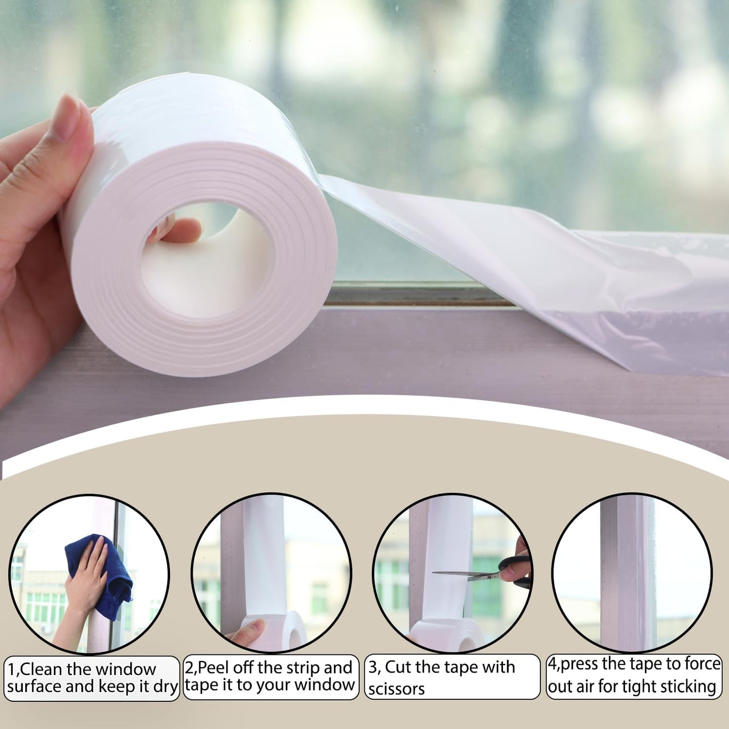 Window Insulation for Winter Weather Sealing Tape 2 Inch x 50 Yards Weather Stripping Residue Free Draft Isolation Sealing Film Tape for Shower Glass Gaps and Doors Windows