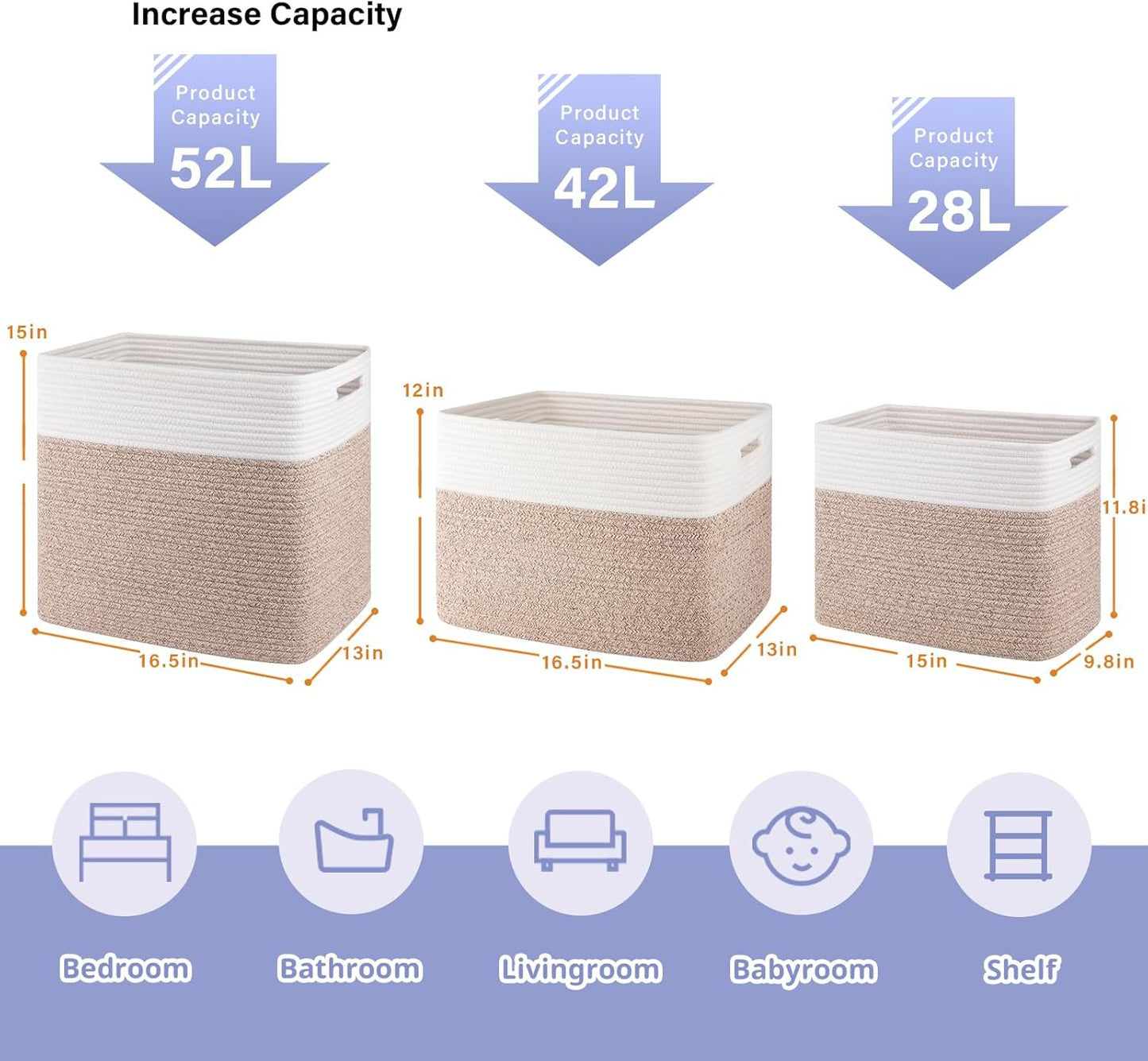 OIAHOMY Storage baskets for Shelf, Toy Storage Basket, Collapsible Storage Bins, Blanket Basket Living Room, Closet Storage for Bedroom, 16.5 x 13 x 12 Inches-Pack of 2-Brown