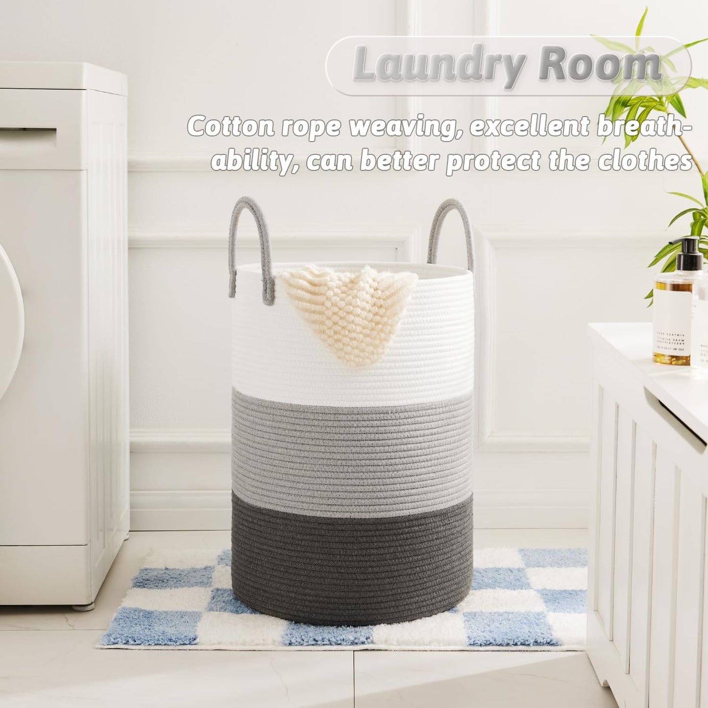 Laundry Basket,Woven Cotton Rope Laundry Hamper,60L for Decorative Storage of Dirty Clothes,Toys and Blankets in Bathroom,Bedroom and Living Room