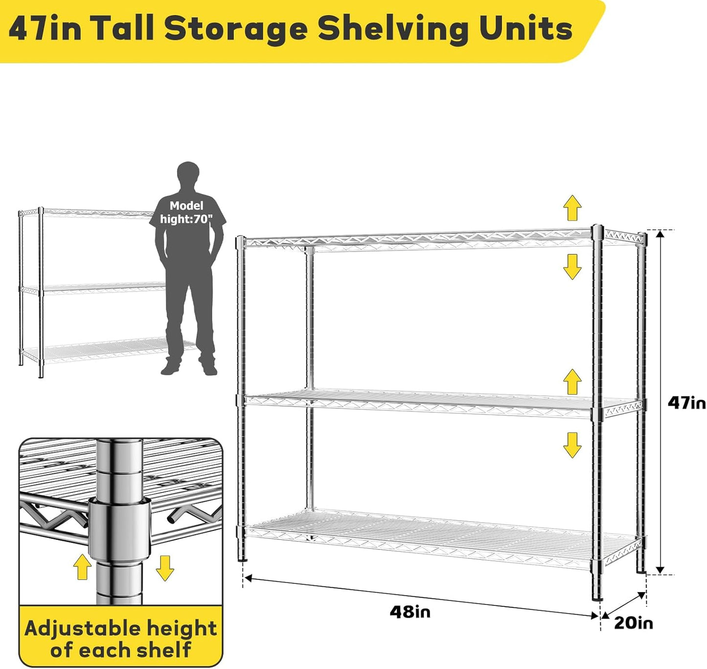 Storage Shelves, 2 PCS 48" L x 20" W x 47" H Heavy Duty Garage Wire Shelving Unit Loads 1200LBS, 3-Tier Adjustable Metal Industrial Utility Shelf Rack for Kitchen, Laundry Room, Basement