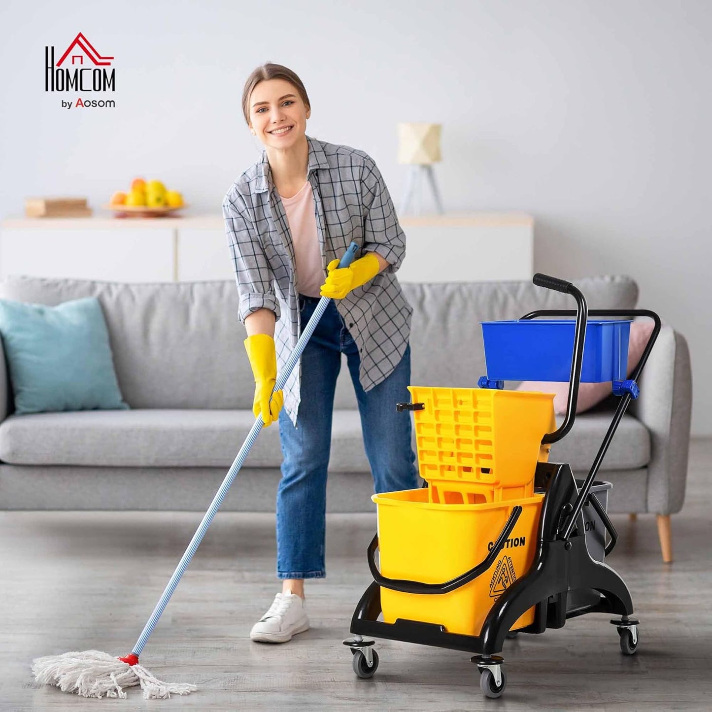 HOMCOM 2 x 6.9 Gallon Mop Water Bucket Wringer Cart with Easy to Use Side Press Wringer, Smooth Wheels, Mop-Handle Holder