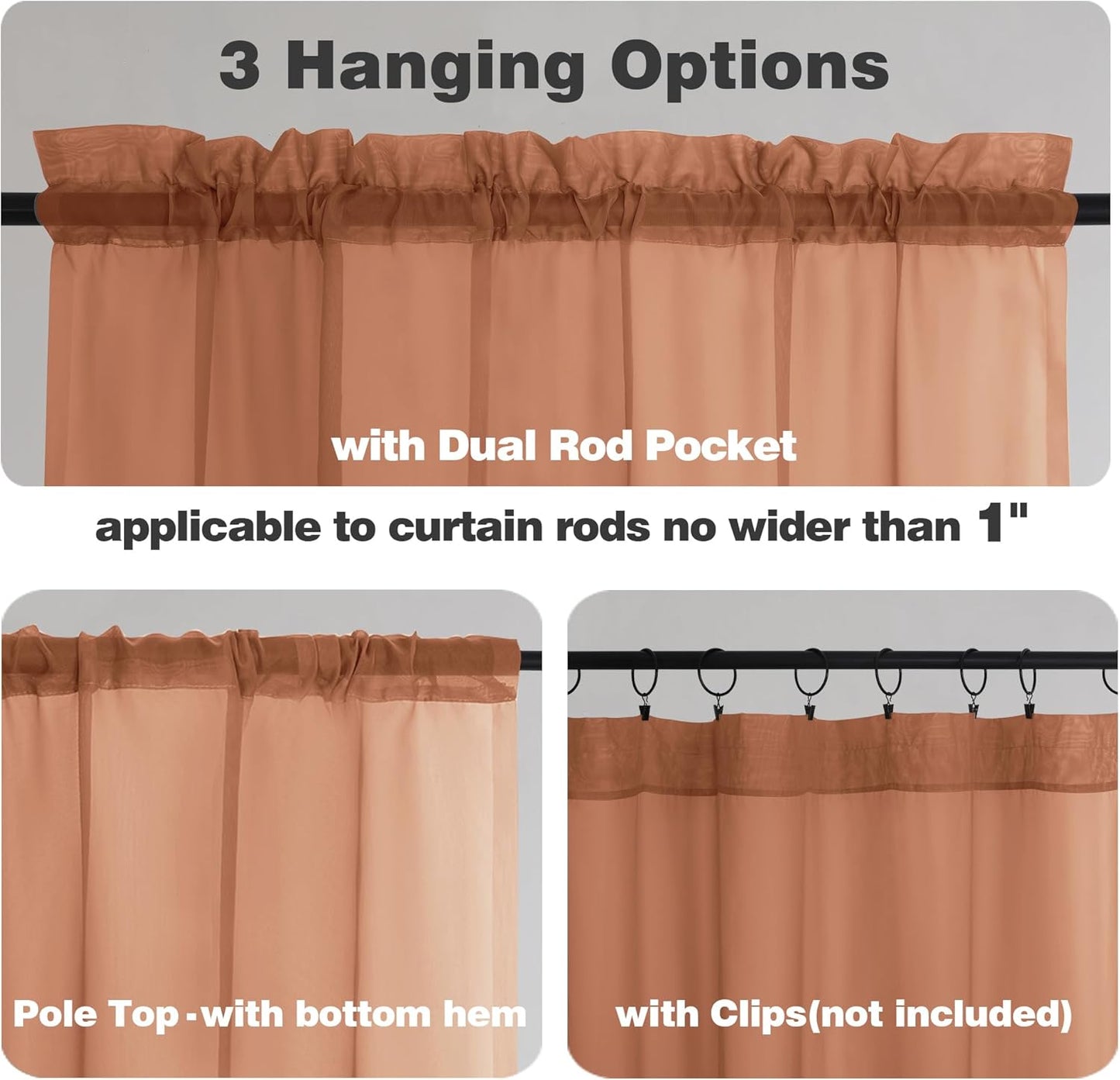 Chyhomenyc Orange Sheer Curtains 36 inch Length 2 Panels, Light Filtering Voile Rod Pocket Short Window Curtians for Bathroom Living Room Farmhouse Small Windows, 42Wx36L inches