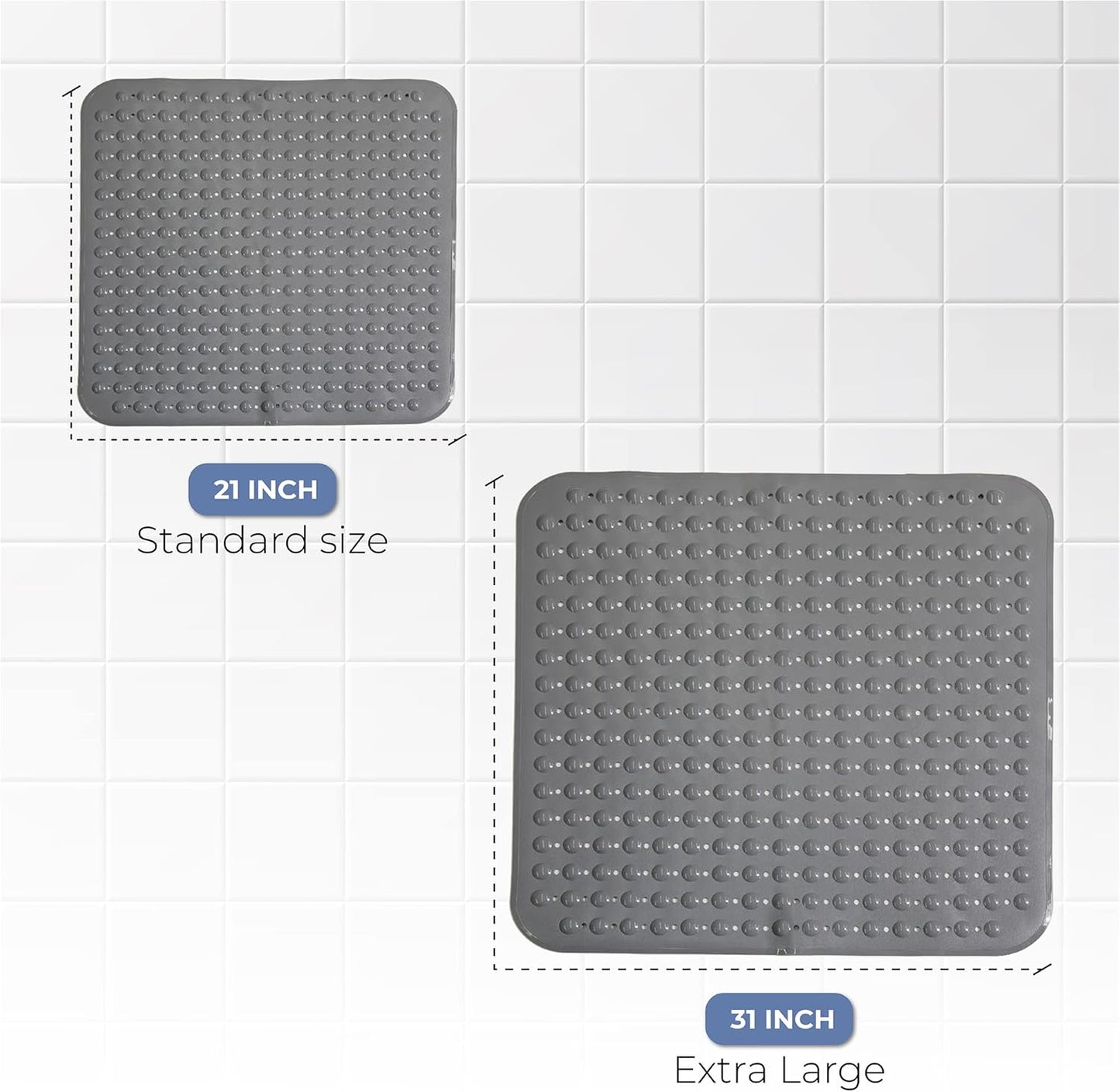 ENKOSI Extra Large Square Non Slip Shower Mat - 31 x 31-inch XL Bathroom Shower Mat - Square Shower Matts for Shower Stall Floors - Secure Suction Cups and Drain Holes (31x31 Grey)