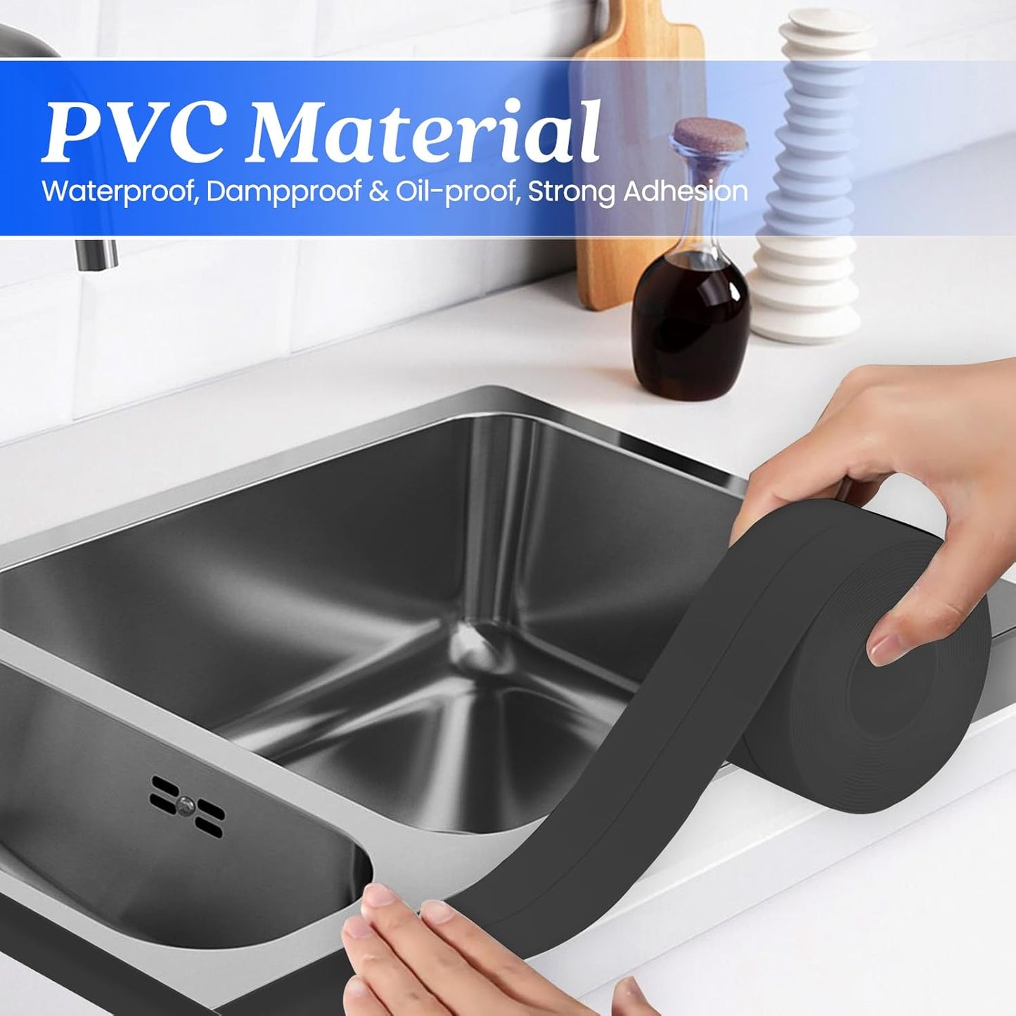 ABSOFINE Caulk Tape Waterproof Self Adhesive, Black Toilet Caulk Sealant Tape, Shower Seal Strip for Kitchen, Countertop, Bathroom, Sink Bathtub Toilet Edge Protector with Sealing Tool (1.97"x16.4Ft)