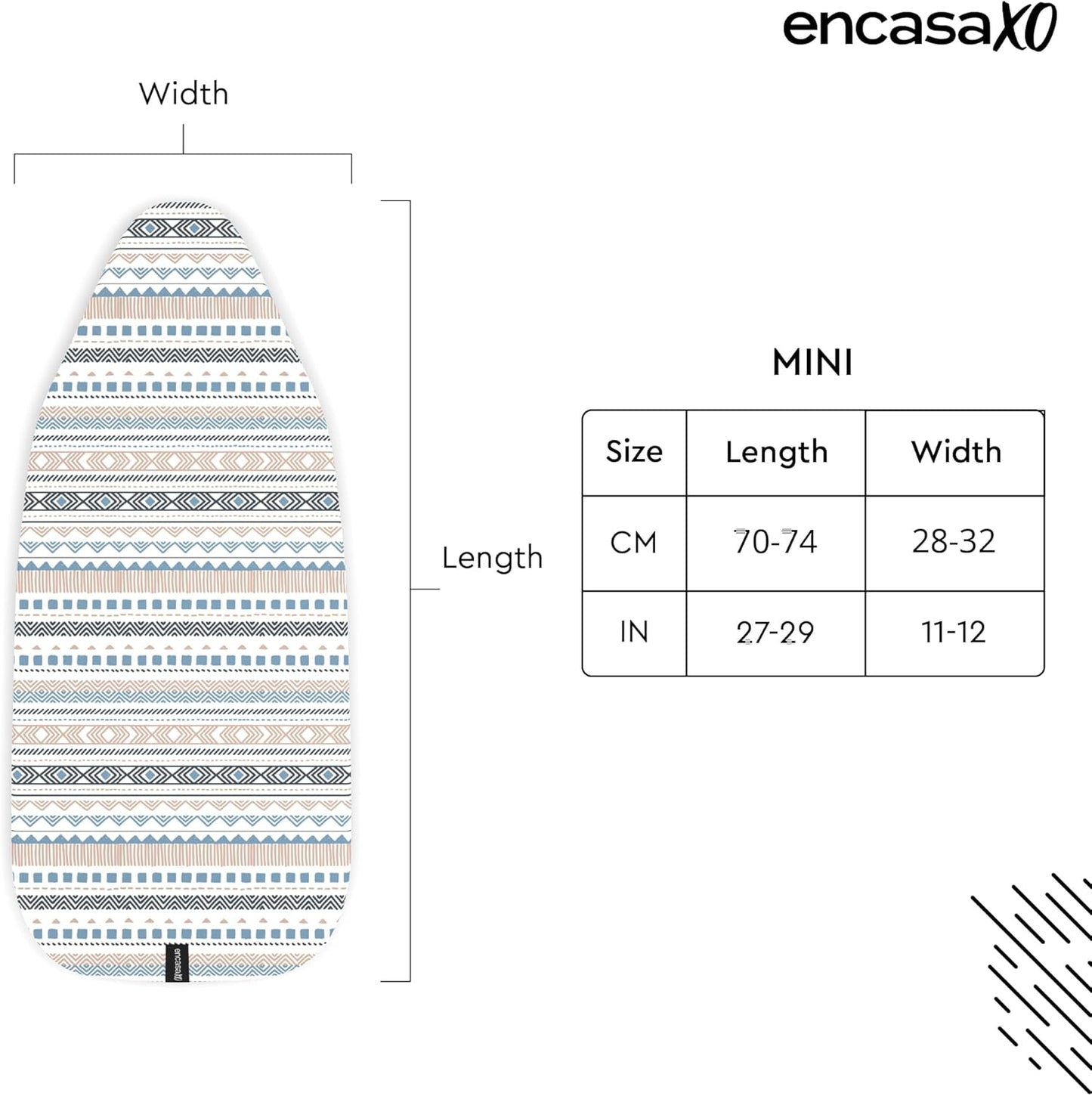Encasa XO Ironing Board Cover and Pad 28"x12" - Thick 3mm Felt Padding, Drawstring Tightening & Lock, Easy Fit, Scorch & Stain Resistant, Fits Mini Ironing Board - Aztec