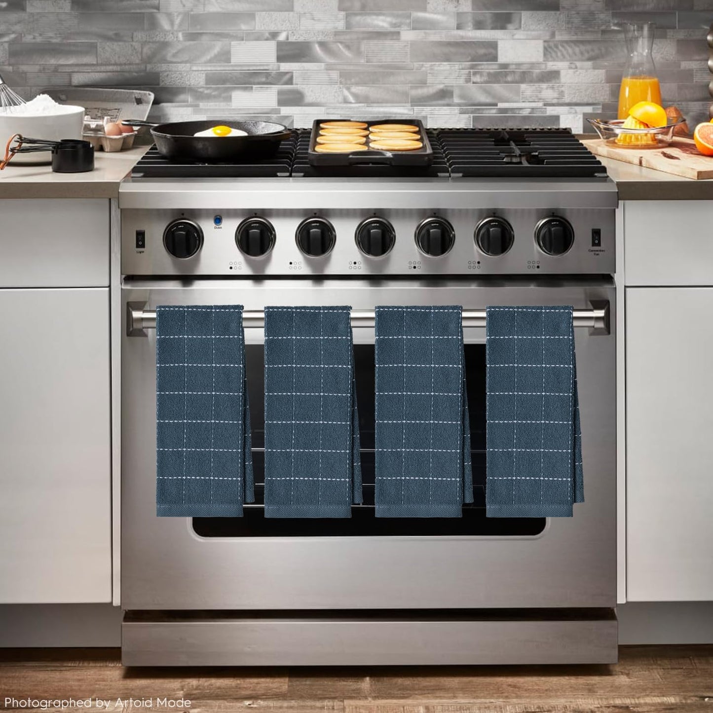 Artoid Mode Checkered Designed Cotton Grey Terry Kitchen Dish Towels, 15x25 Inch Soft Absorbent Quick Drying Family Cleaning Tea Towels Set of 4