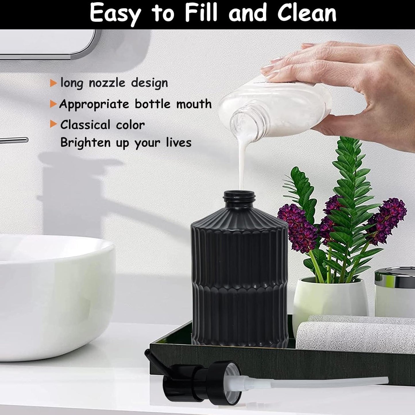 Black Glass Soap Dispenser with Pump, 15oz Refillable Liquid Hand Soap Dispenser, Lotion Dish Soap Dispenser for Modern Home Decor, Bathroom, Kitchen Countertop, Hotel