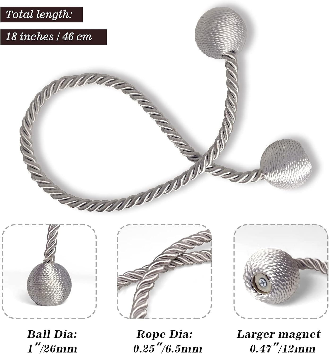 Hion Magnetic Curtain Tiebacks Grey 2pcs, Curtain Tiebacks Buckles Holdbacks Holders Hooks Clip for Home Bedroom Office Decorative Curtain