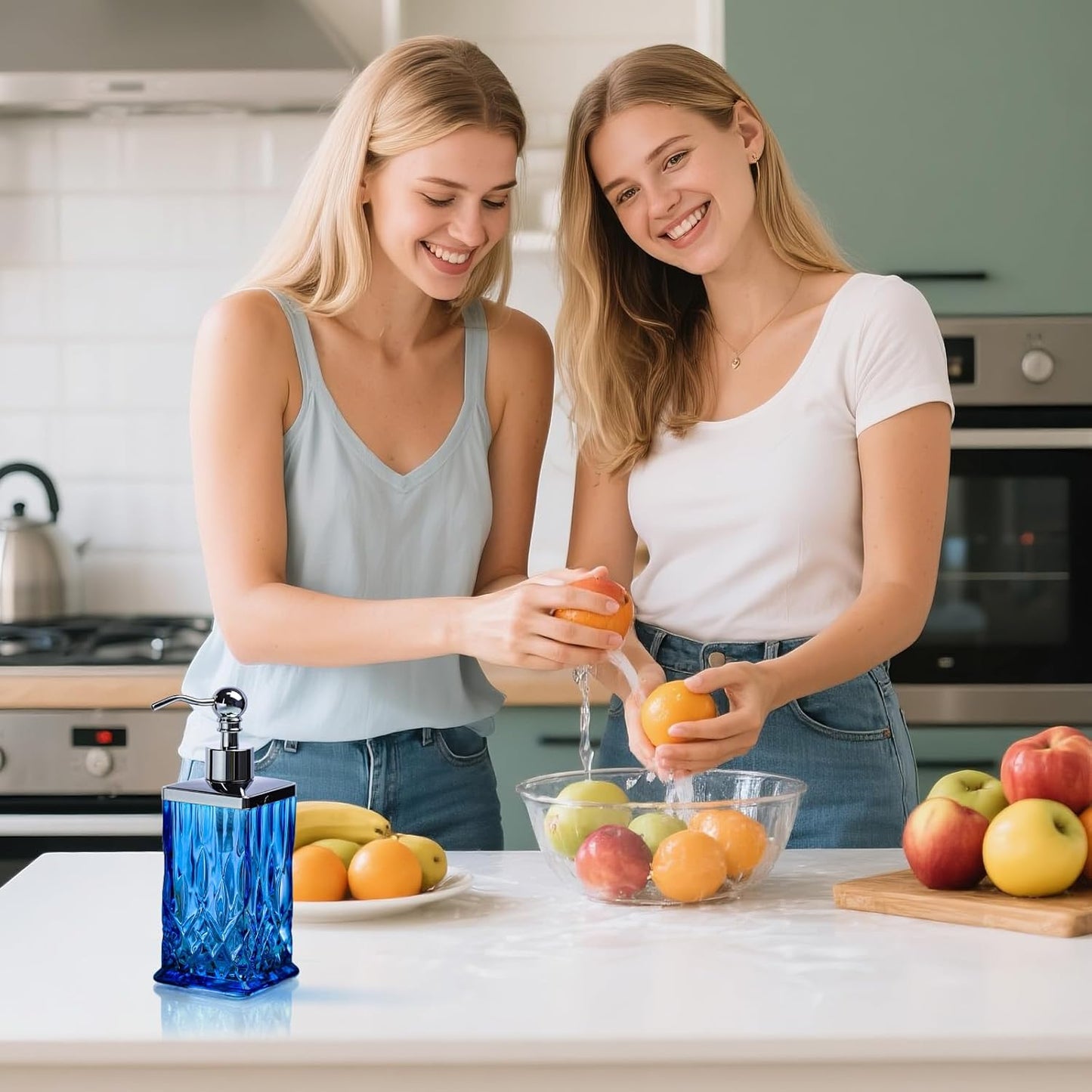 10Oz Diamond Grid Pattern Blue Glass Soap Dispenser with Rust Proof Stainless Steel Pump,Refillable Hand Soap Dispenser for Bathroom & Kitchen Hand Soap,Lotion,Body Wash(Square)