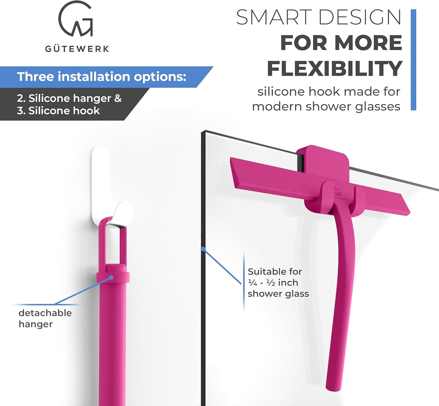 GÜTEWERK Shower Squeegee for Glass Doors, Silicone Window Squeegee, Bathroom and Glass Cleaning - Pink - 15 Inch