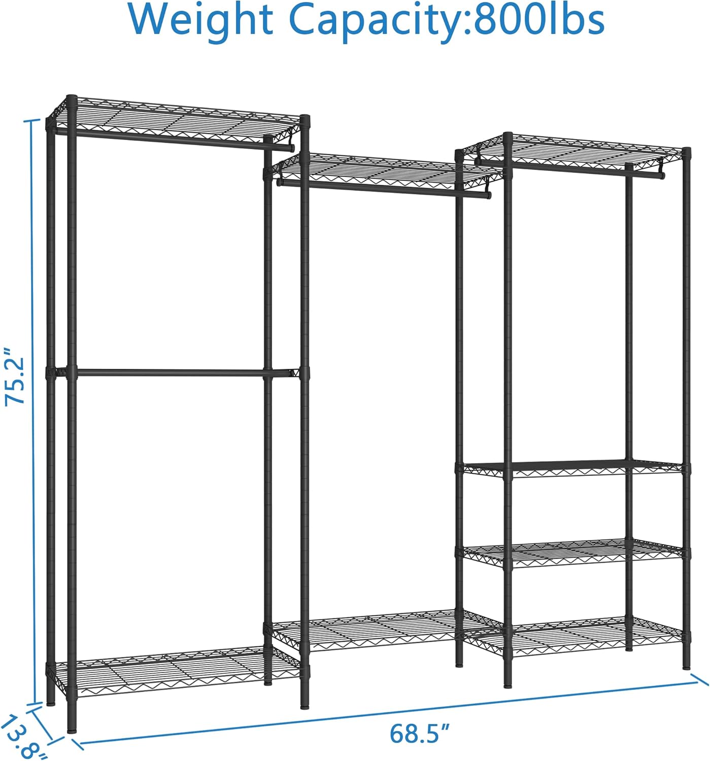 Heavy Duty Garment Rack,Freestanding Clothing Rack with 4 Hang Rods & 8 Shelves,Adjustable Closet Racks,68.5" L x 13.8" W x 75.2" H, Max Load 800LBS, Black