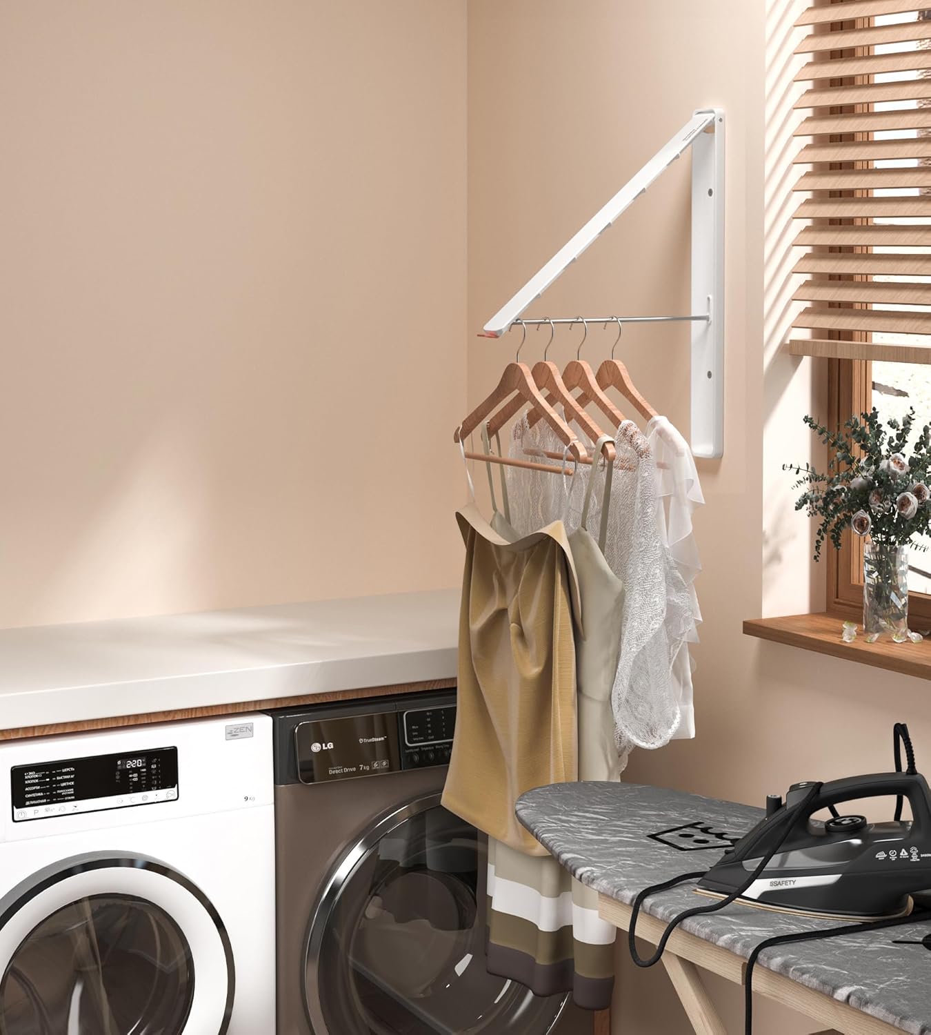 Dr.DJ Clothes Drying Rack Wall Mounted, Retractable & Foldable Clothes Hanger for Laundry Room Organization and Storage, Clothes Hanger Rack for Dorm, Closet, Balcony, Laundry Room(1P, Metal, White)