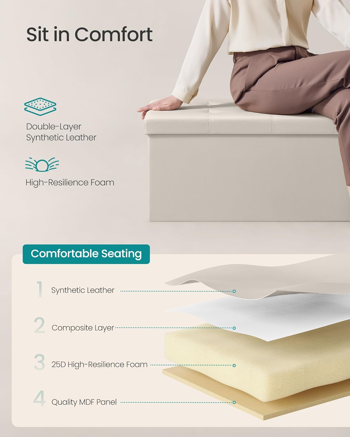 SONGMICS Mazie Collection - 43 Inches Folding Storage Ottoman Bench, Ottoman with Storage, Foot Rest Stool, Load 660 lb, for Living Room, Synthetic Leather, Cream White ULSF70M