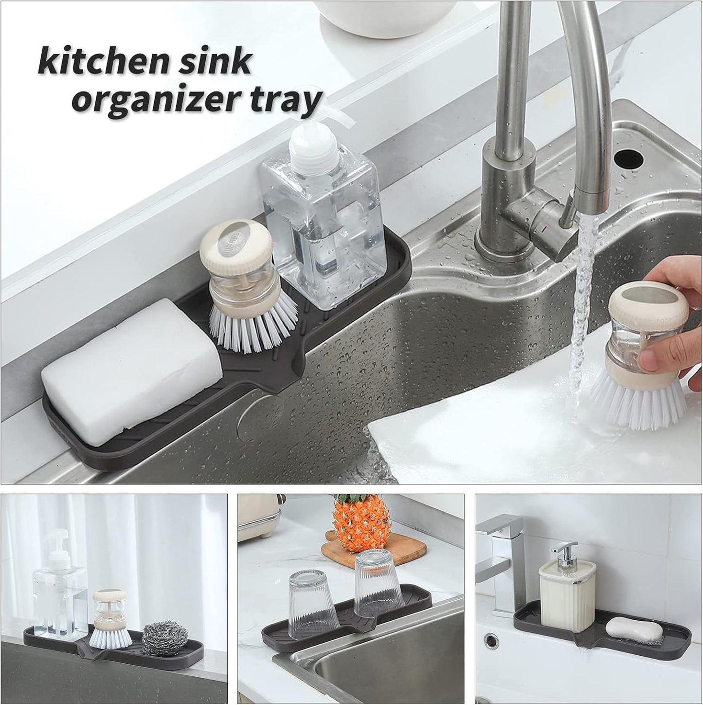 Silicone Bathroom Soap Dishes with Drain Spout-Bathroom and Kitchen Sink Organizer,Sponge Holder,Dish Soap Tray,Perfect for Dispenser,Scrubber,Bottle,Cup on Sink or Counter-Coffee 12"×4"