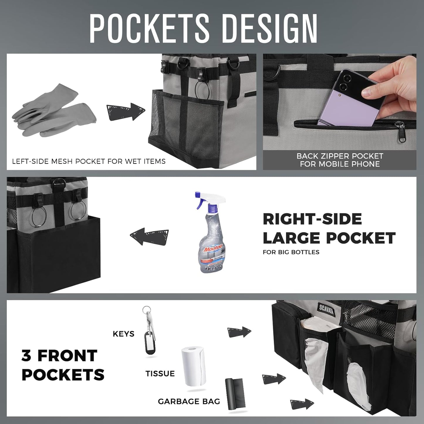 Wearable Cleaning Caddy Bag, Cleaning Caddy Supplies Organizer with Handle & Shoulder Straps for Housekeepers, Under Sink & Car Cleaning Tool Organizers with 4 Foldable Divider (Grey)