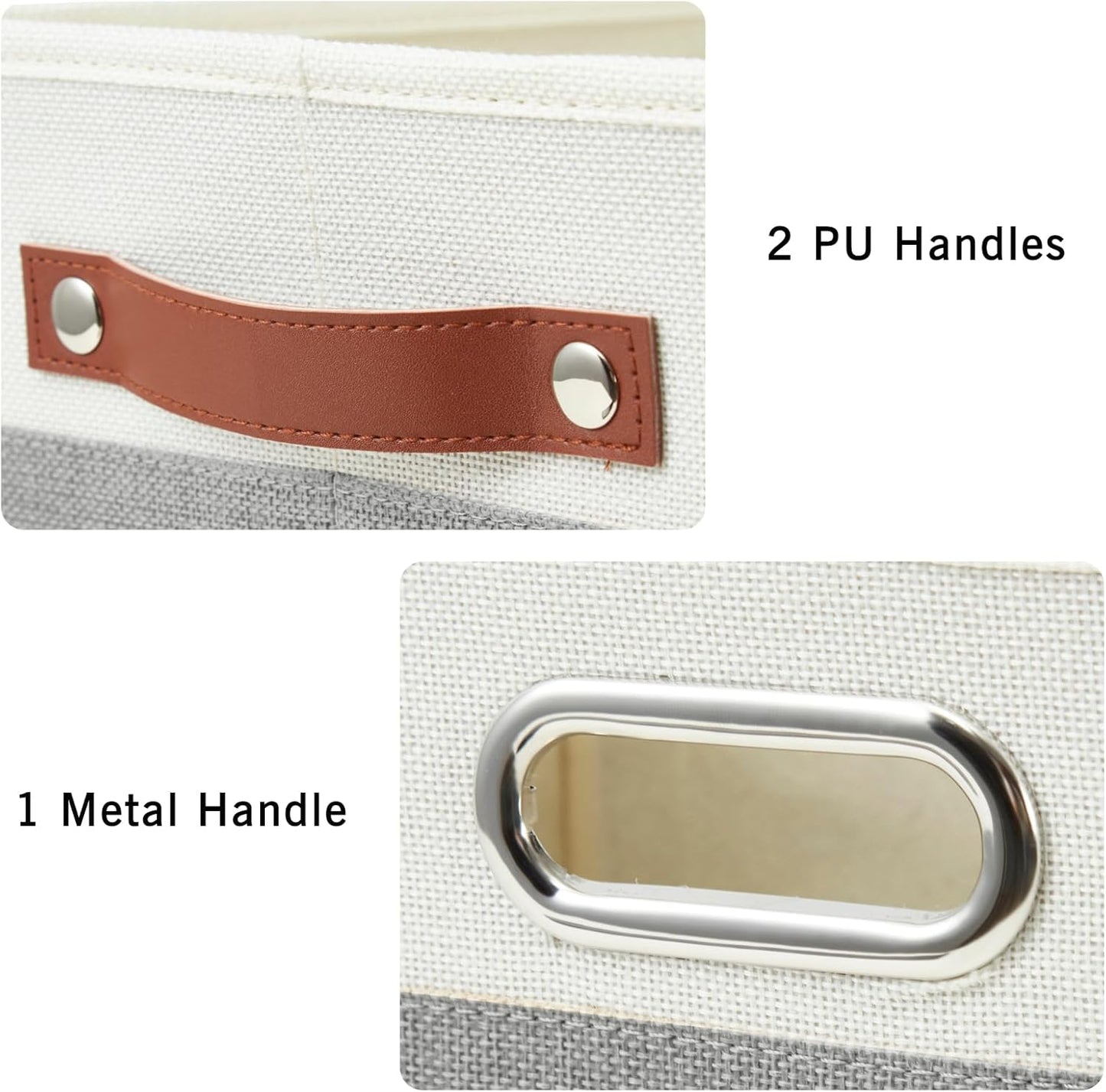 Large Collapsible Fabric Storage Bins with 3 Handles, Foldable Organizer Baskets for Closet, Shelves, Living Room | 3 Pack, Durable PU & Metal Handles (14.9"x9.8"x9.8", Gray & White)