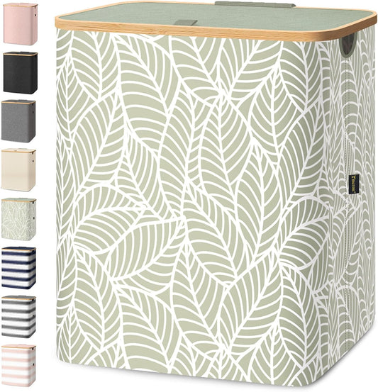BALEINE Laundry Hamper with Lid, Tall Laundry Baskets with Bamboo Pull Handles, Large Laundry Bin with Internal Support (36 Gal/140L, Antique Foliage)