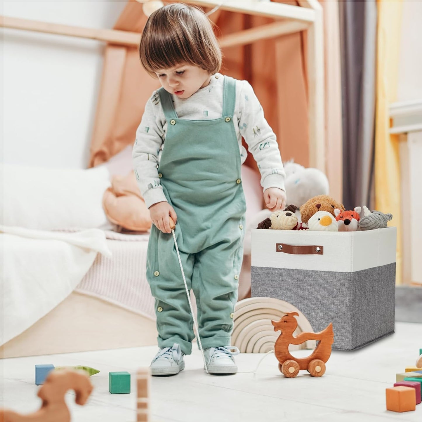 DULLEMELO Storage Cubes 13 inch, Collapsible Sturdy Cube Storage Bins With Handles for Organizing,Fabric Storage Baskets for Shelves Nursery Closet Home Organization (White&Grey-4 Pack)