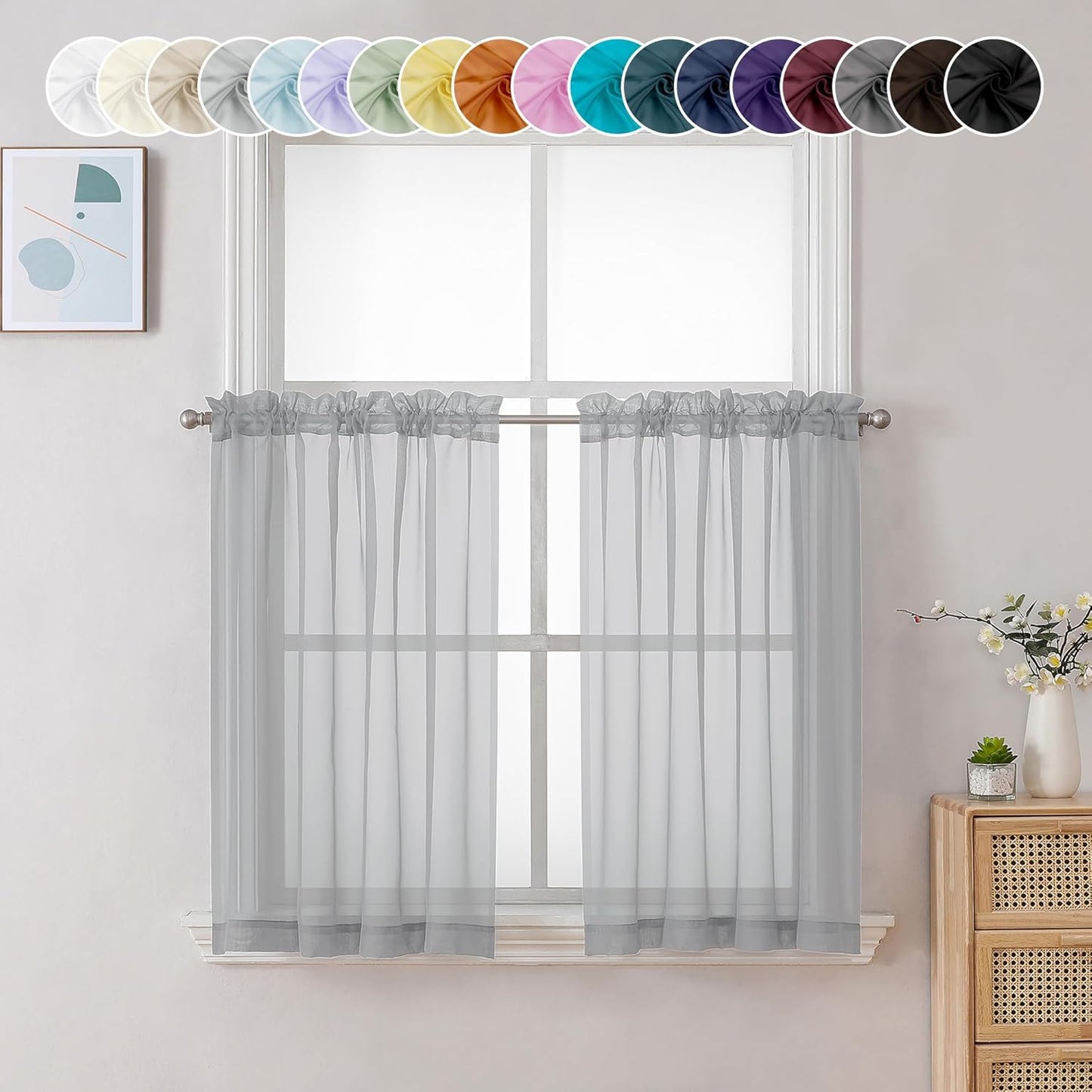 Chyhomenyc Light Grey Sheer Curtains 36 inch Length 2 Panels, Light Filtering Voile Rod Pocket Short Window Curtians for Bathroom Living Room Farmhouse Small Windows, 42Wx36L inches