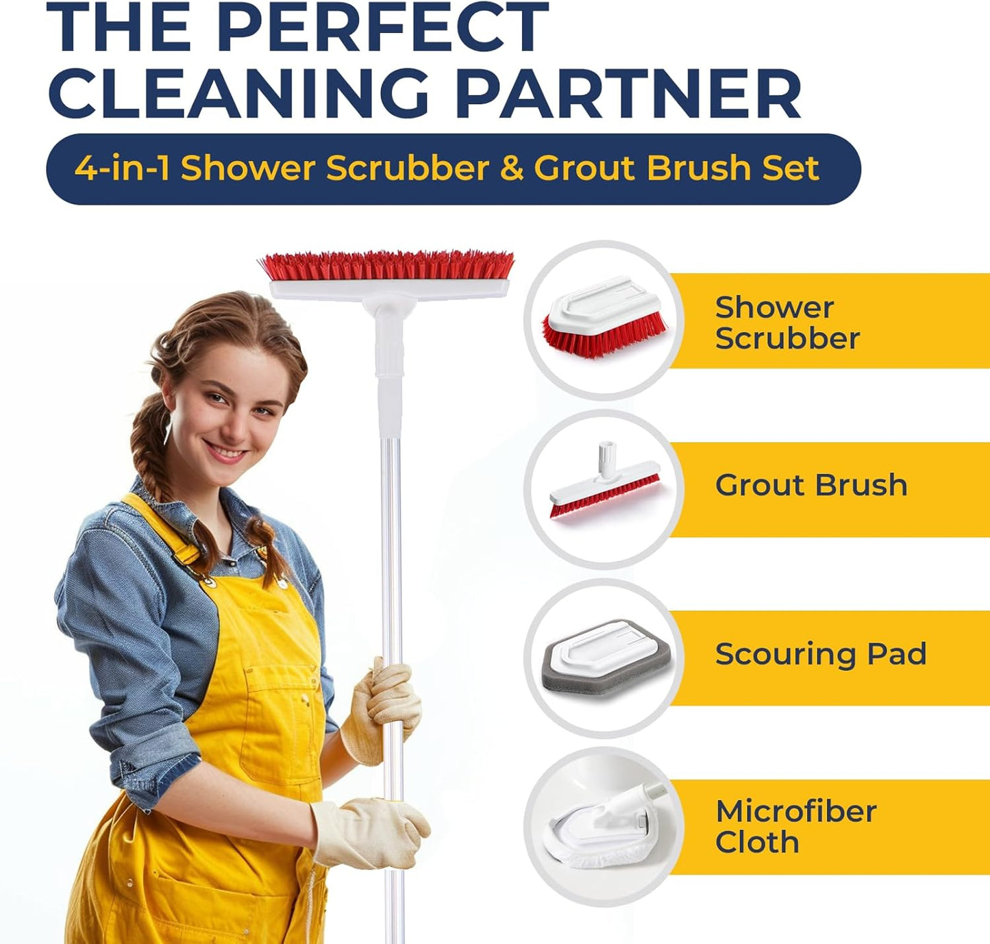 Shower Scrubber with Long Handle, Stiff Bristles Grout-Brush, Tub Scrub-Brush with Long-Handle, Shower-Cleaner Brush, Grout Cleaning Brush for Tile floors, Scouring Pad & Microfiber Cloth for Bathroom