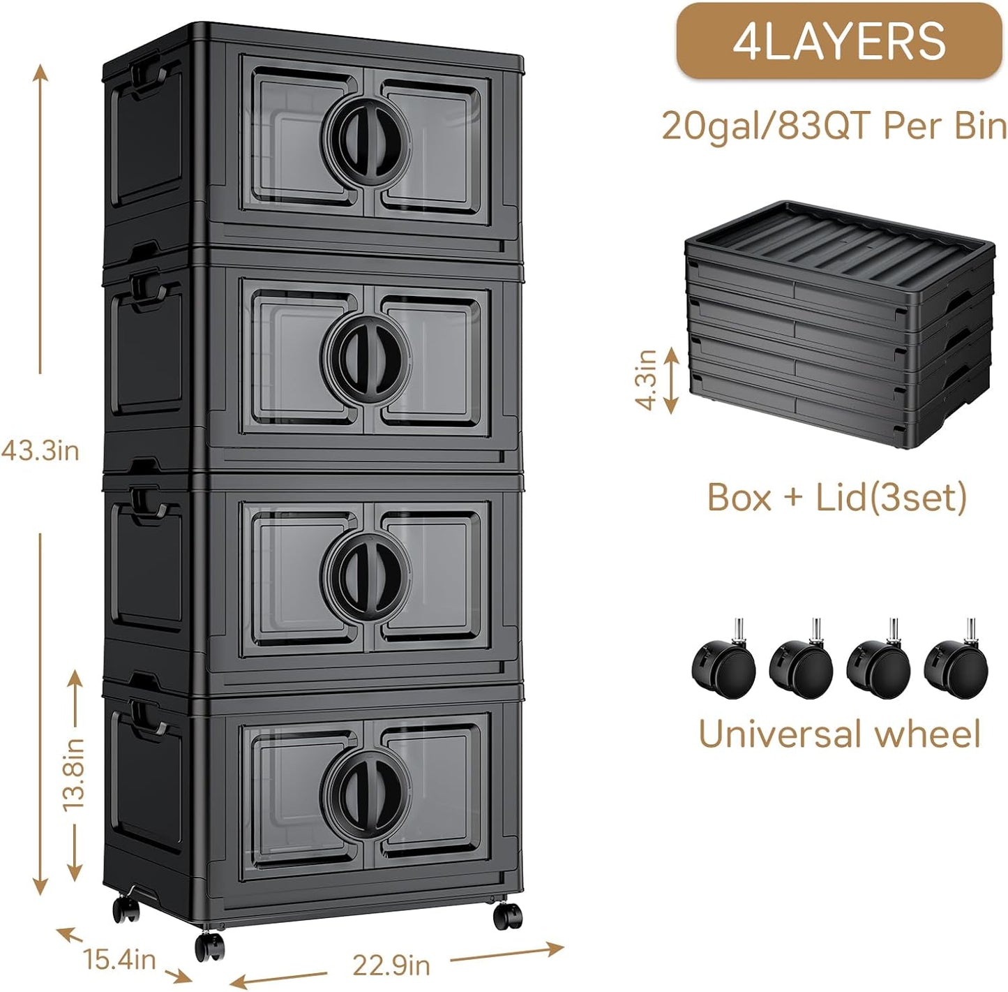 JEKO&JEKO 332Qt Lockable Stackable Storage Bins with Lids, Collapsible Closet Organizer with Wheels, Plastic Cabinet Drawer for Clothes, Dorm Room 4 Pack (Black)