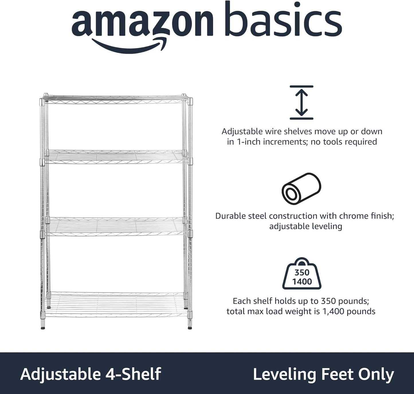 Amazon Basics 4-Shelf Adjustable Heavy Duty Steel Wire Rack Storage Shelving Organizer for Kitchen, Garage, 36" L x 14" W x 54" H, Chrome Silver