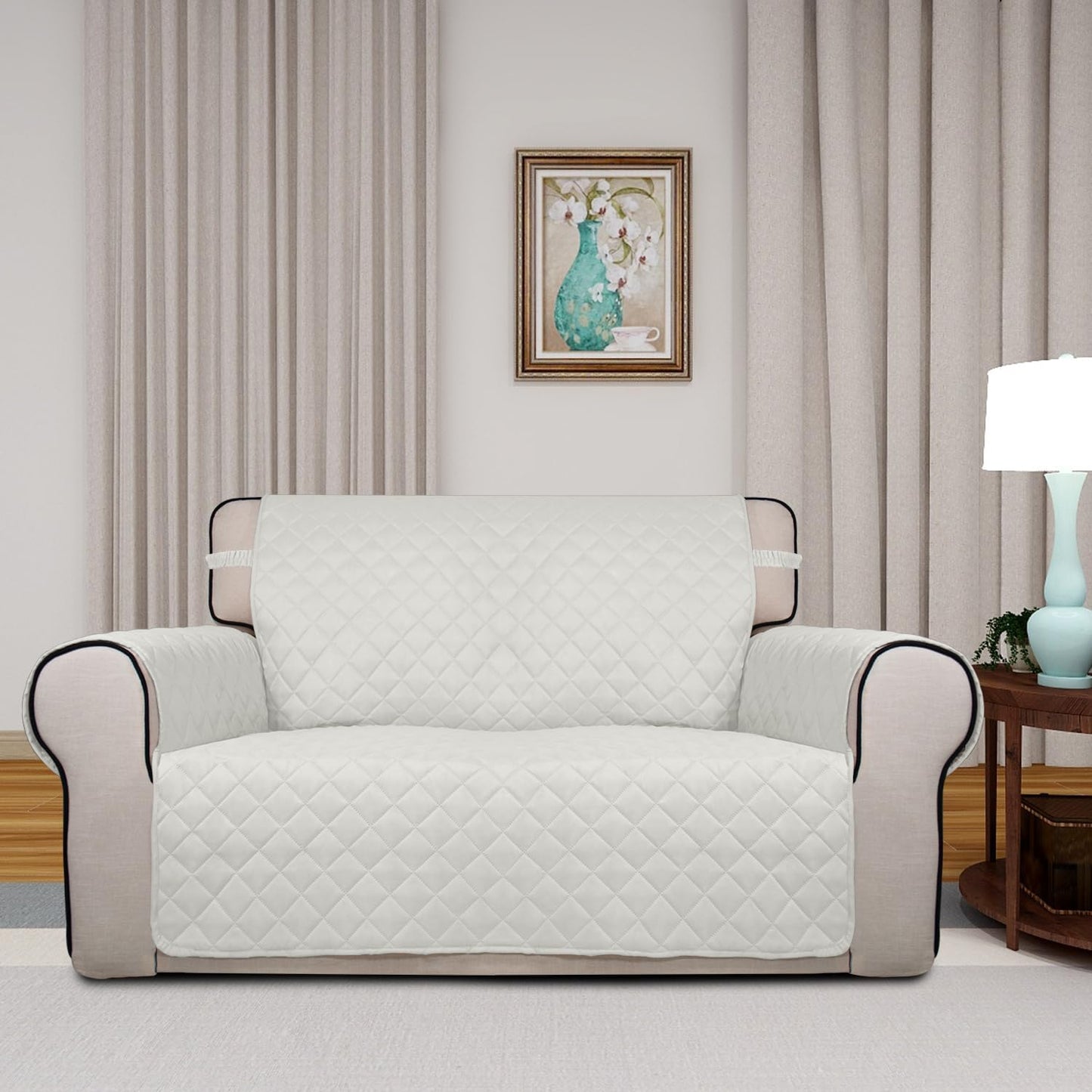 PureFit Reversible Quilted Sofa Cover, Water Resistant Slipcover Furniture Protector, Washable Couch Cover with Non Slip and Elastic Straps for Kids, Dogs, Pets (Loveseat, Ivory/Ivory)