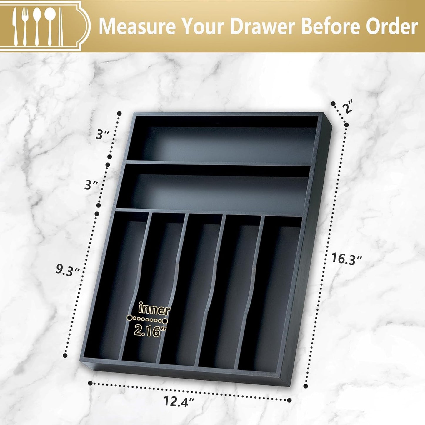 Silverware Organizer, 12.5 Inch Utensil Organizer Kitchen Drawer Organizer Bamboo Silverware Holder Cutlery Tray Organizer in Drawer Flatware Organizer Tray(7 slots, Black）
