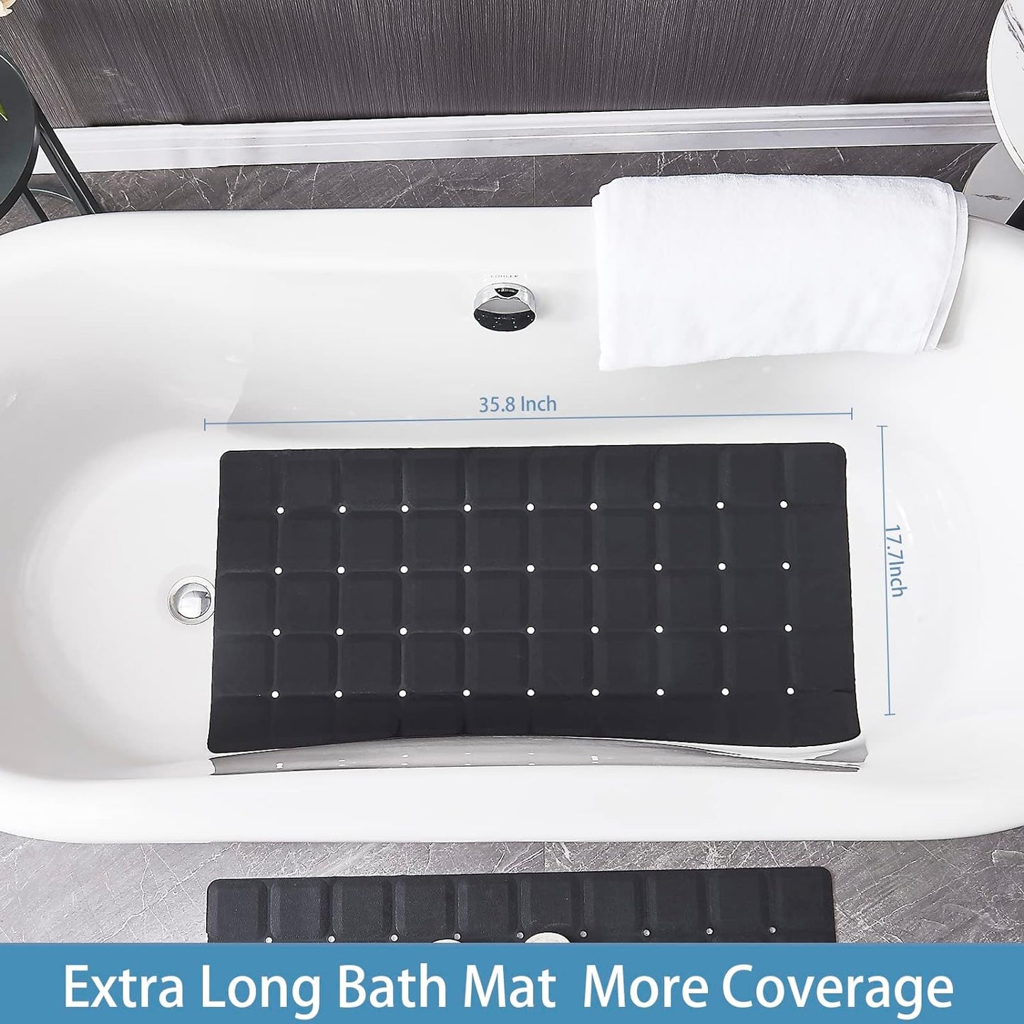 Foldable Silicone Bathtub Mat: Jumbo Size Heavy Duty Safety Bath Mat for Tub Without Suction Cups Non Slip Bath & Shower Mat for Textured, Reglazed, Refinished Tub (Black, 35.8 x 17.7)