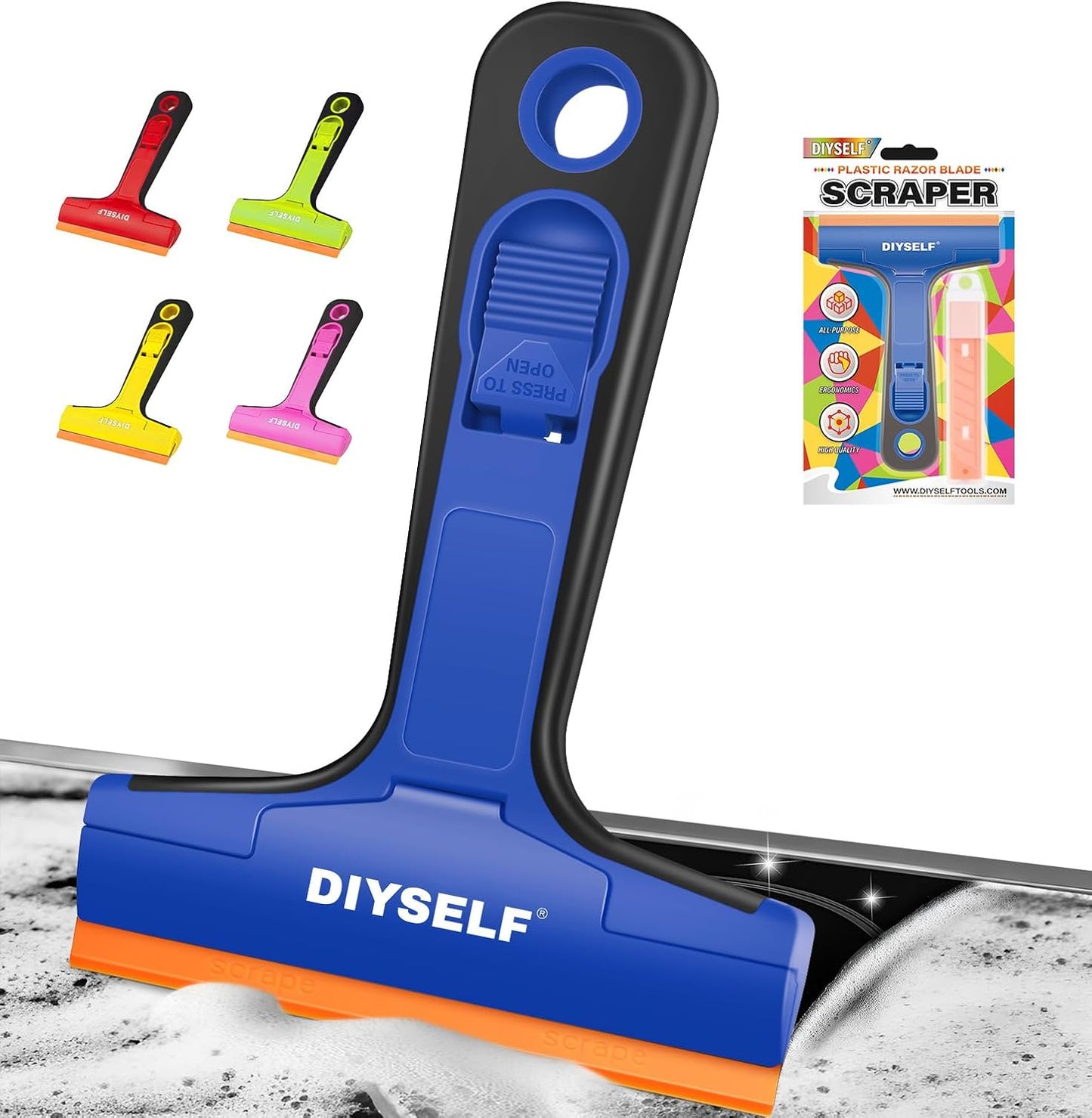 DIYSELF-Razor-Blade-Scraper, 1 Pack Razor Blade Scraper, Extra 5 PCS Orange Plastic Blades, Razor Blade Scraper Tool for Cleaning, Glass Scraper for Windows, Razor Scraper Tool for Car, Cooktop