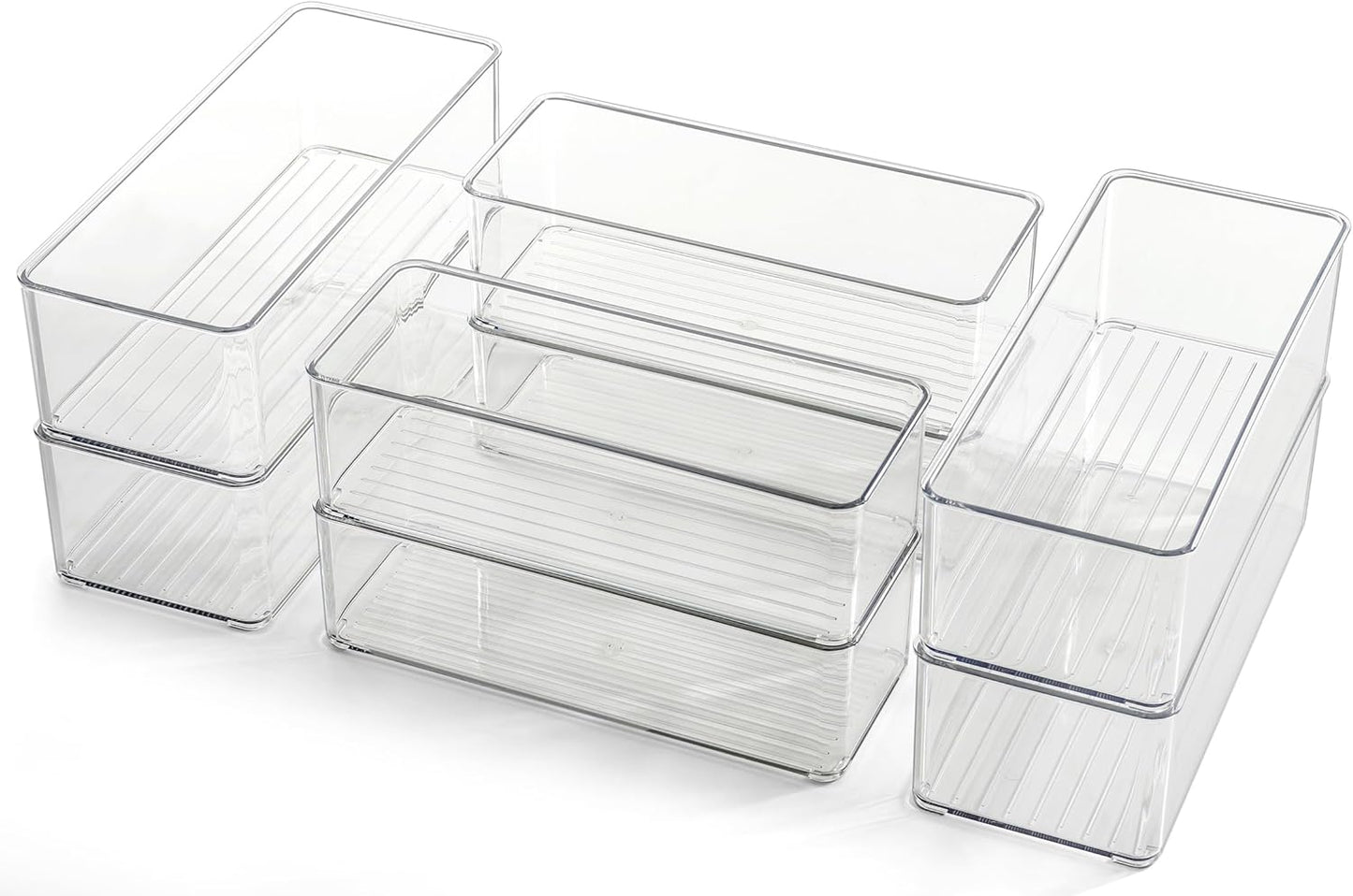Hudgan 8 Pack Clear Plastic Drawer Organizers Set, Stackable Deep Drawer Organizer for Makeup Vanity and Desk, 2 Sizes Tall Bathroom Drawer Organizer