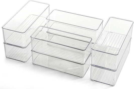 Hudgan 8 Pack Clear Plastic Drawer Organizers Set, Stackable Deep Drawer Organizer for Makeup Vanity and Desk, 2 Sizes Tall Bathroom Drawer Organizer