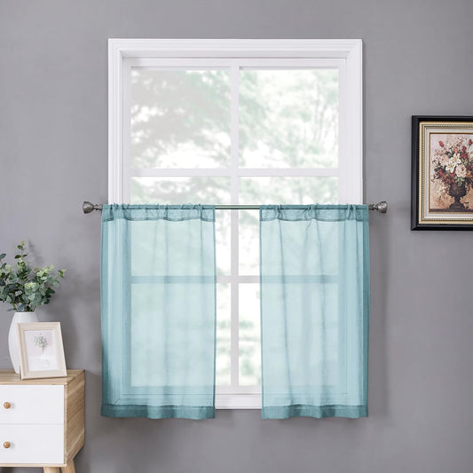 Tollpiz Short Sheer Tier Curtains Linen Textured Half Kitchen Curtain Sheers Light Filtering Rod Pocket Voile Small Curtain for Bathroom, 25 x 24 inches Long, Dusty Blue, Set of 2 Panels