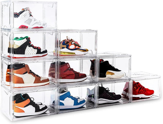 KDOR Shoe Box for sneakers，Closet,hat Clear Plastic Stackable 10 Pack Sneaker Storage Boxes with Magnetic Door, Acrylic Display Case, Strong and Sturdy Fit Shoe Size Up to US 15