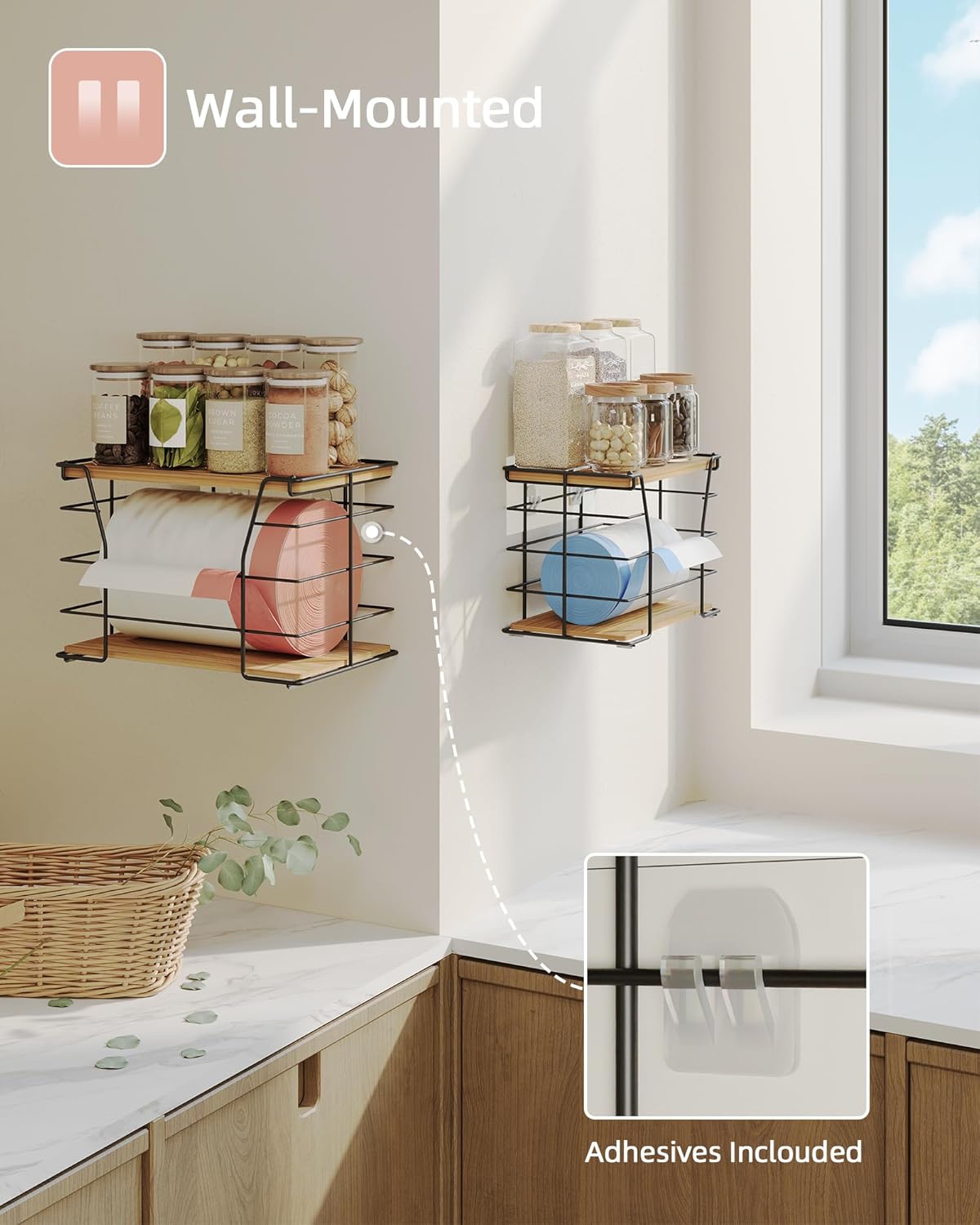 2 Pack Trash Bag Holder/Dispenser, Stackable Storage Laundry Kitchen Organizers for Countertop Organization, Wall Mount Garbage Bag Dispenser with wooden Top, No Drill