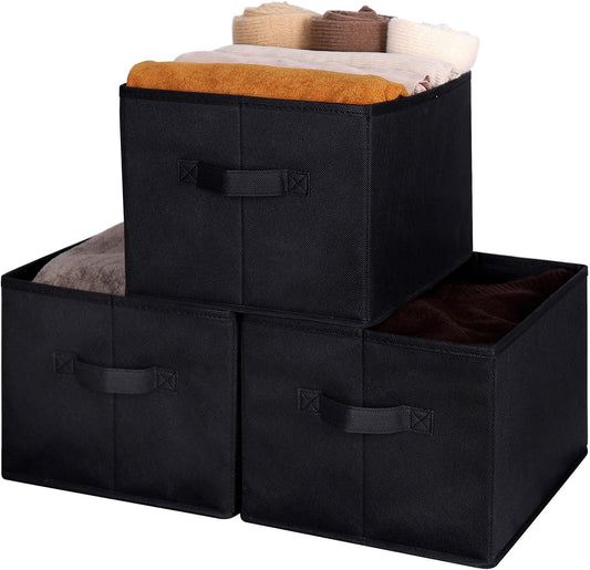 WUIKE Foldable Fabric Storage Bins with Handles, Closet Storage Baskets for Shelves and Clothes Organization, Large Black Shelf Baskets, 3-Pack, Black, Large
