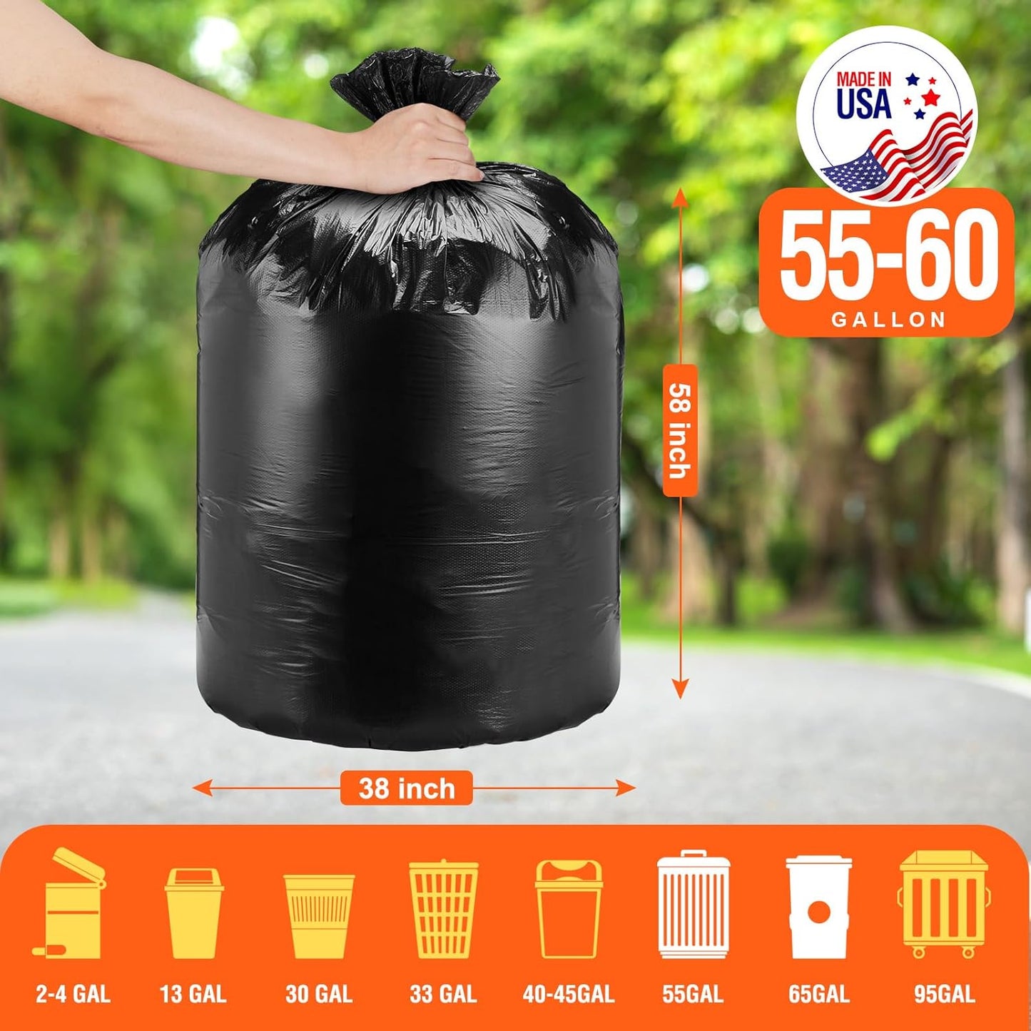 Delxo 55-60 Gallon Black Trash Bags, 100 Count – 0.9 Mil Medium Duty Garbage Bags, Thick, Durable & Puncture-Resistant Plastic, Perforated Design – Made in USA for Kitchen, Yard, Office & Party