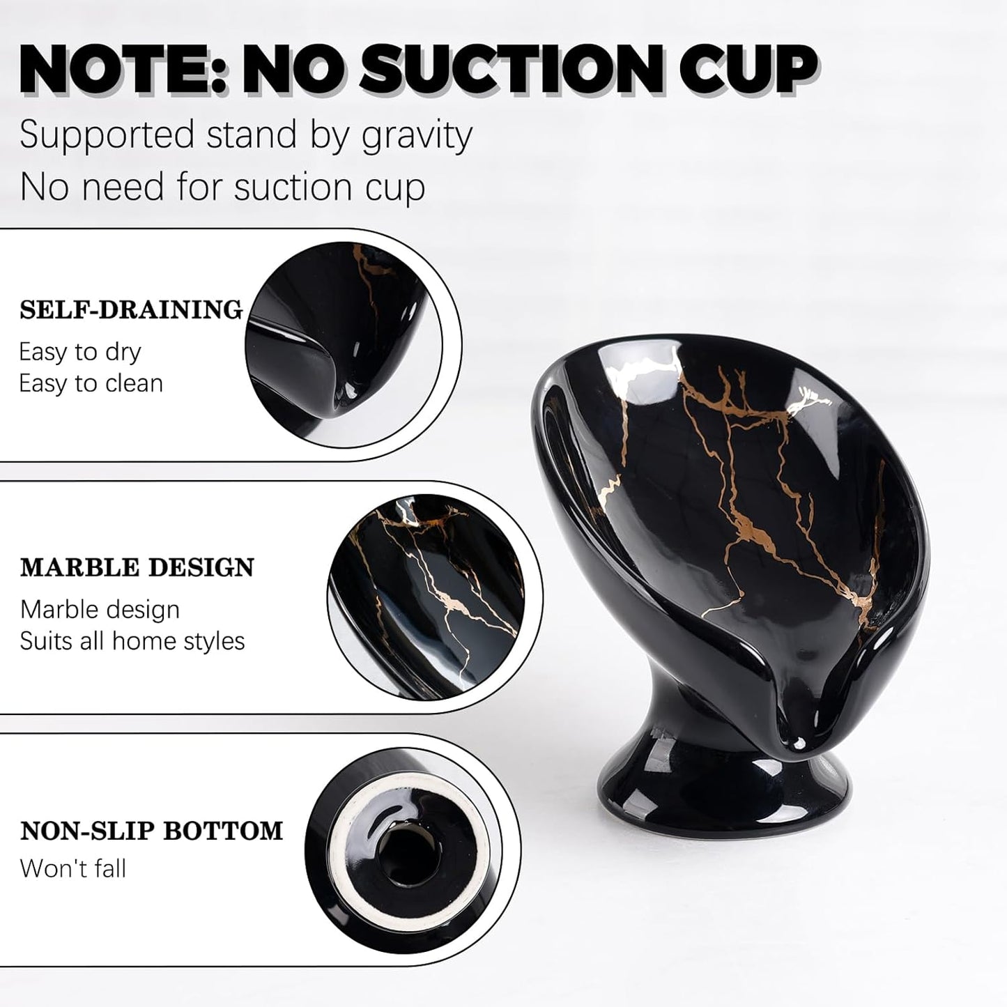 Soap Dish, Ceramic Soap Holder Self Draining Leaf Shape Bar Soap Holder, Marble Look Black Drain Soap Dish Holder for Bathroom, Easy to Clean Keeps Soap Dry, ANTIS'S HOME