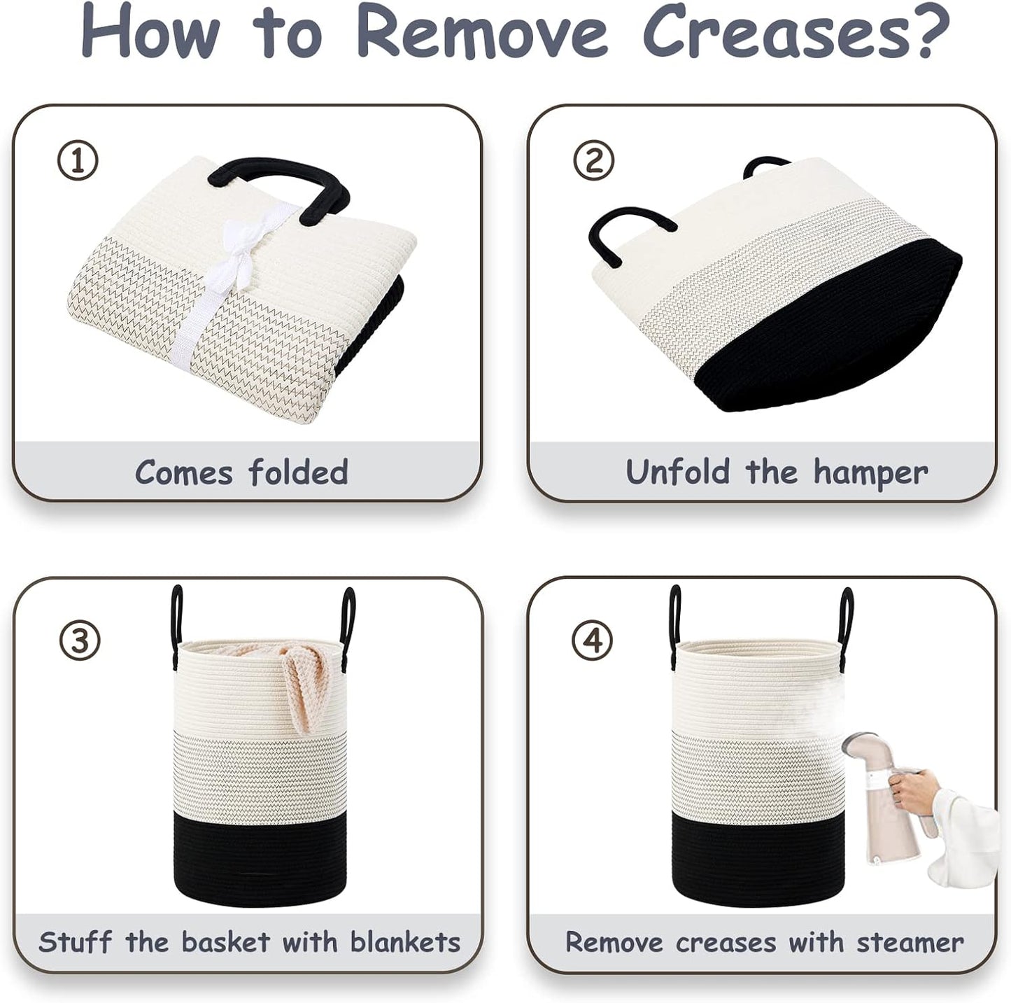 VIPOSCO Large Laundry Hamper, Tall Woven Rope Storage Basket for Blanket, Toys, Dirty Clothes in Living Room, Bathroom, Bedroom - 58L White & Black