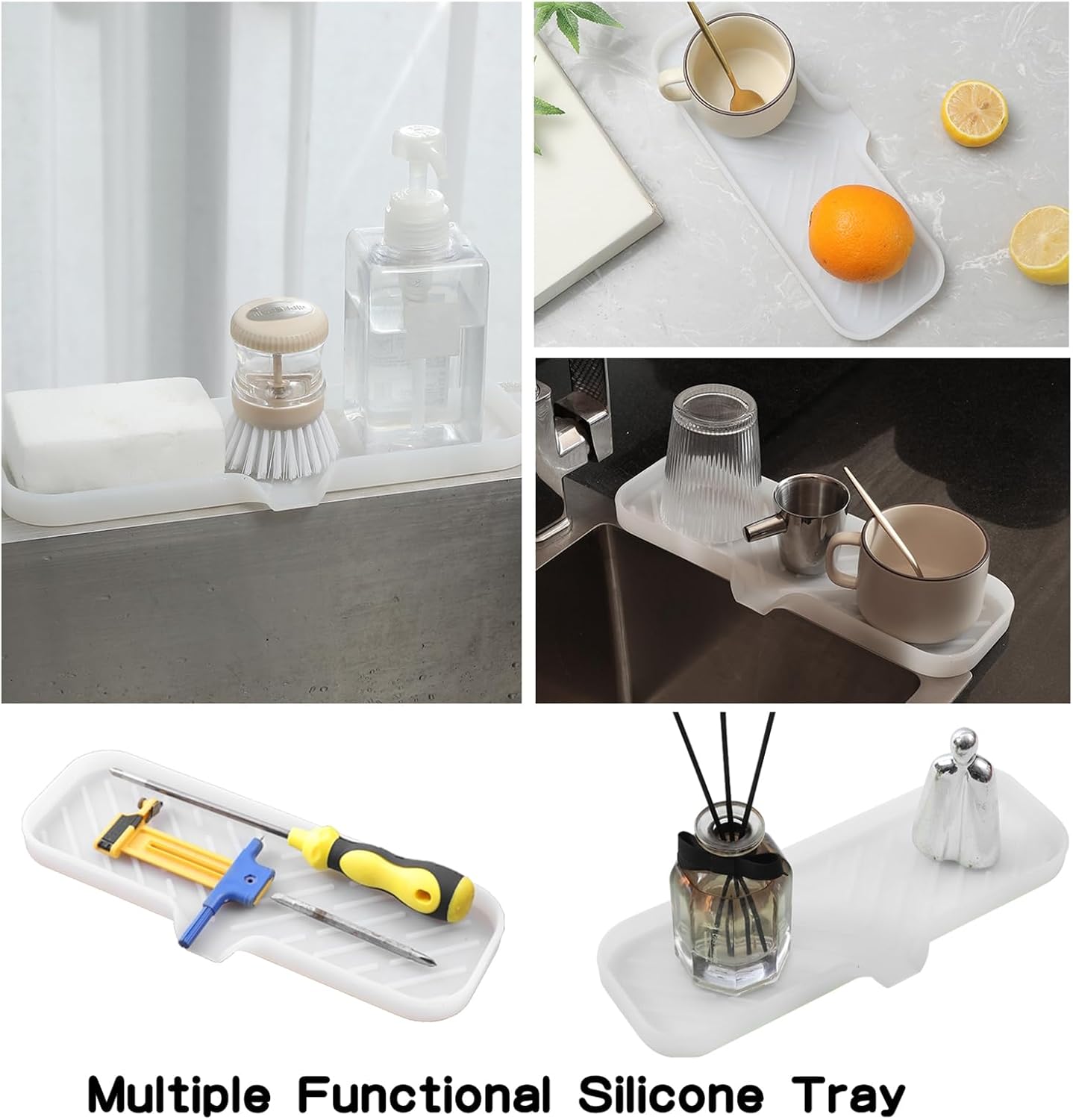 Silicone Bathroom Soap Dishes with Drain Spout-Bathroom and Kitchen Sink Organizer,Sponge Holder,Dish Soap Tray,Perfect for Dispenser,Scrubber,Bottle,Cup on Sink or Counter-Translucent 12"×4"