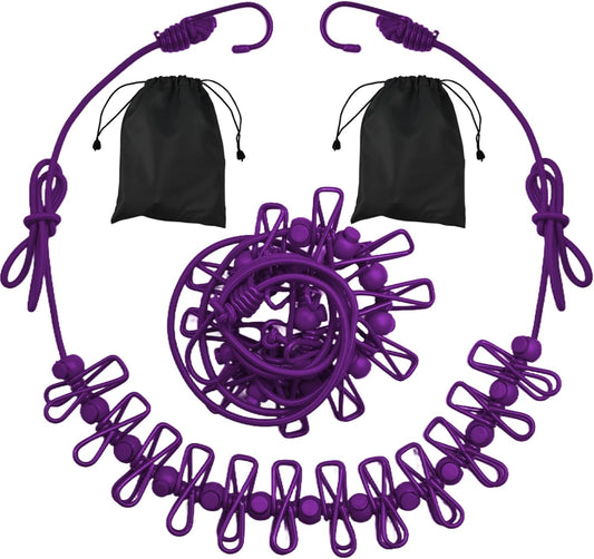 2 Pack Camping Clothesline Portable 12 Clothespins, Purple Camping Accessories Travel Clothesline for Outdoor Indoor, Retractable Clothes Line Elastic Clothesline for Camper Hotel Room