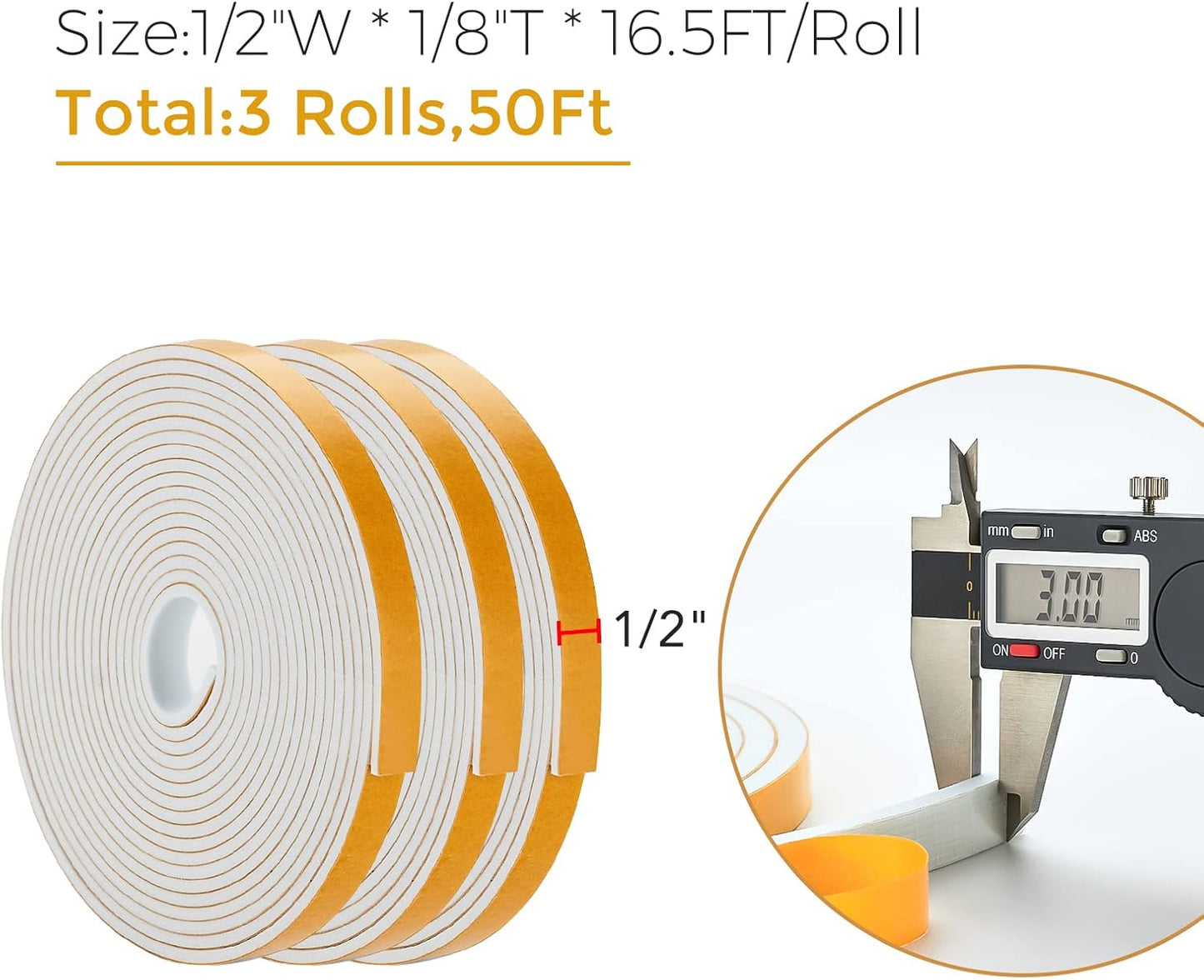 50 Feet Weather Stripping Door Seal, 1/2" Wide X 1/8" Thick Door Seal Strip High Density Foam Tape Adhesive Strip for Door Soundproofing,Window Insulation (1/2" x 1/8" x 50FT,White)