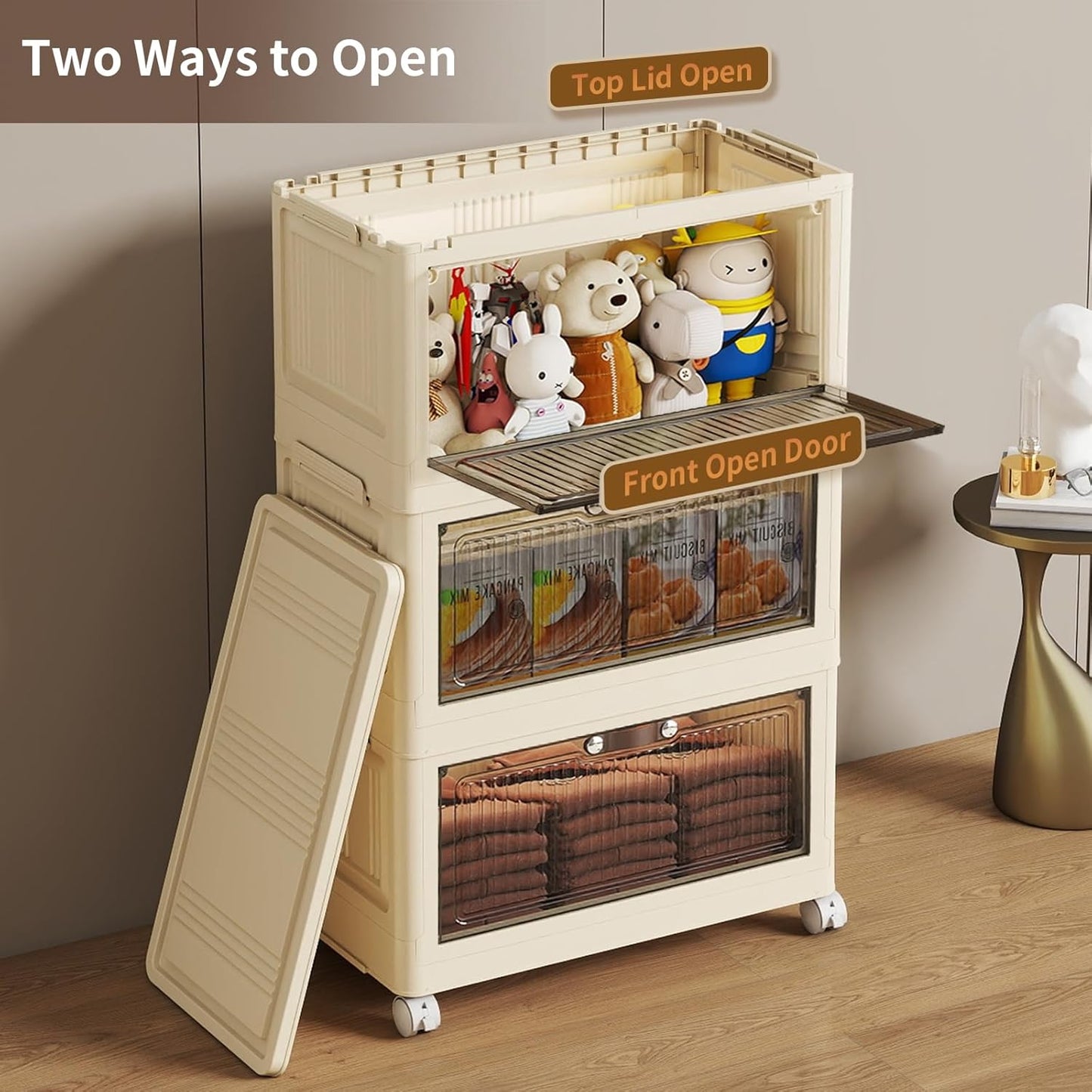 3 Tier - 34QT Storage Bins with Lids, Collapsible Storage Bins with Doors and Wheels, Plastic Storage Cabinet for Easy Storage and Organization for Living Room, Office