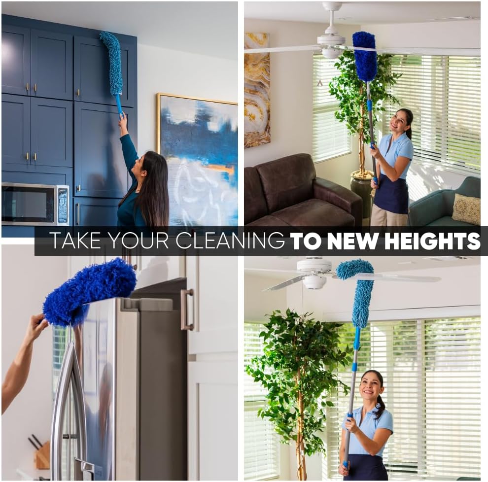 Extendable Duster - Microfiber Duster Kit: Ceiling, Fans, Baseboards, Cob Webs, Telescoping, Reusable & Washable, Feather & Chenille Dusters, 6ft. Adjustable Handle