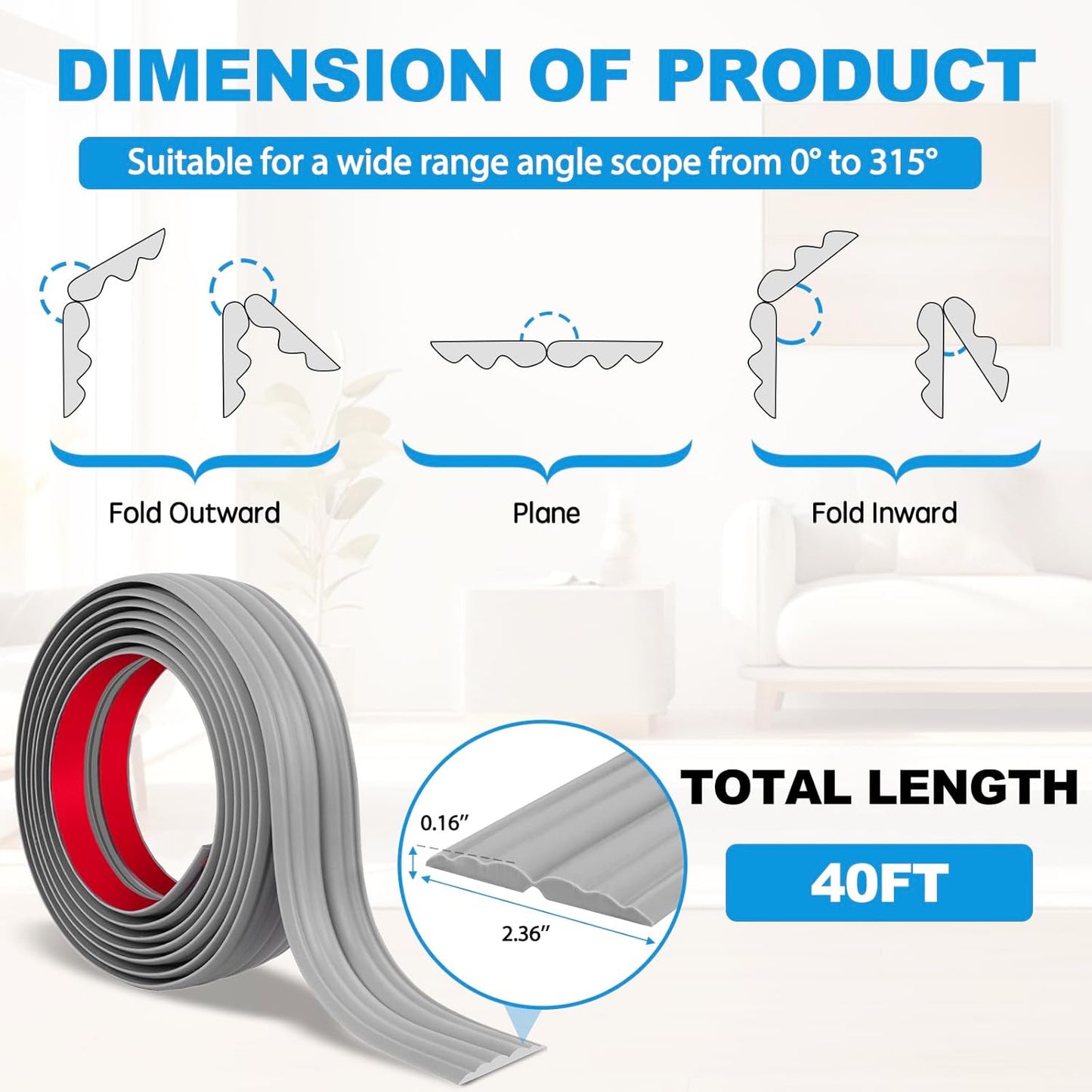 Wall Corner Protector Peel and Stick Corner Trim Molding Flexible Inside & Outside Wall Edge Guard Self Adhesive Moulding Trim for Edge Use, Gray, 2.3” W x 40’ L