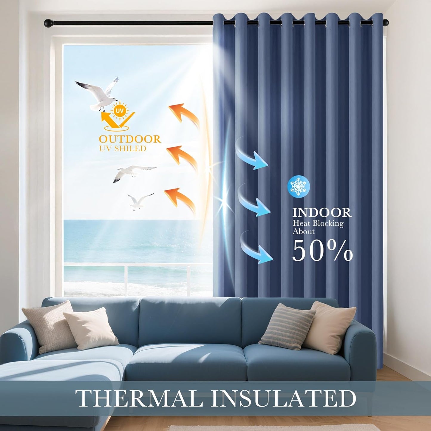 PONY DANCE Stone Blue Short Blackout Curtains for Kitchen 45 Inch Length, Thermal Insulated Grommet Curtains for Bedroom, Black Out Drapes for Bathroom Small Window (2 Panels Set, 34 inches Wide)