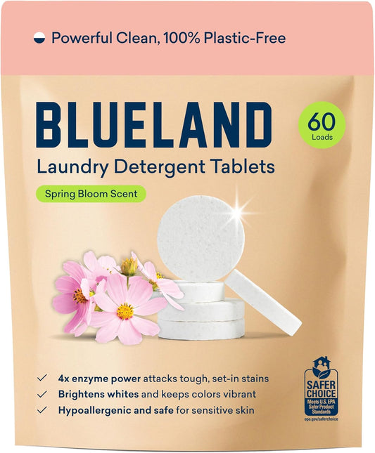 BLUELAND Laundry Detergent Tablets, 60 Count, Spring Bloom Scent, Plastic-Free Eco-Friendly Pods, Sheets, Liquid Alternative - Safe for Sensitive Skin, Gentle