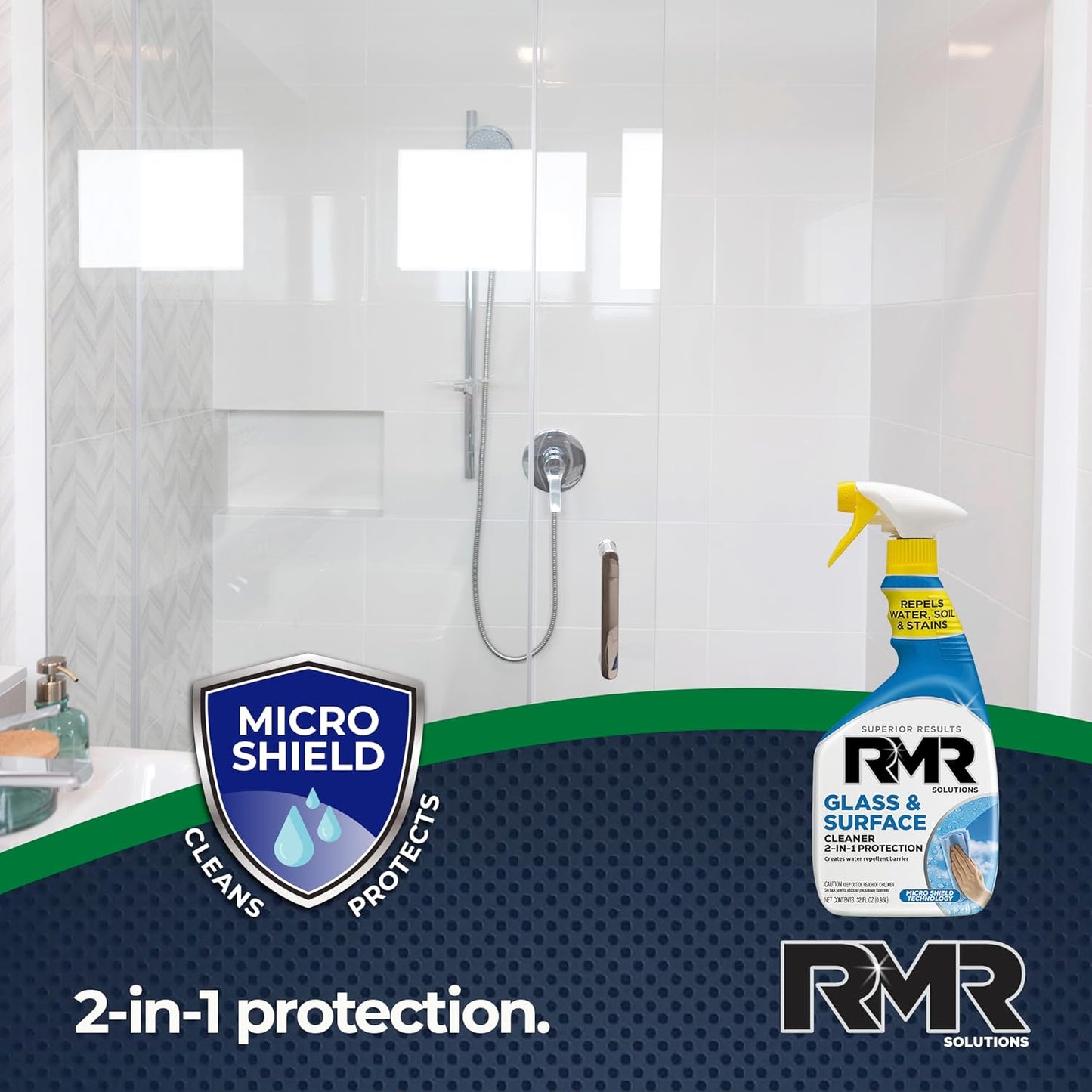 RMR Shower Spray, 2-in-1 Glass and Surface Cleaner Plus Repellent, Streak-Free Multi-Surface Treatment for Window, Car, and More, 30-Fluid Ounce Spray Bottle