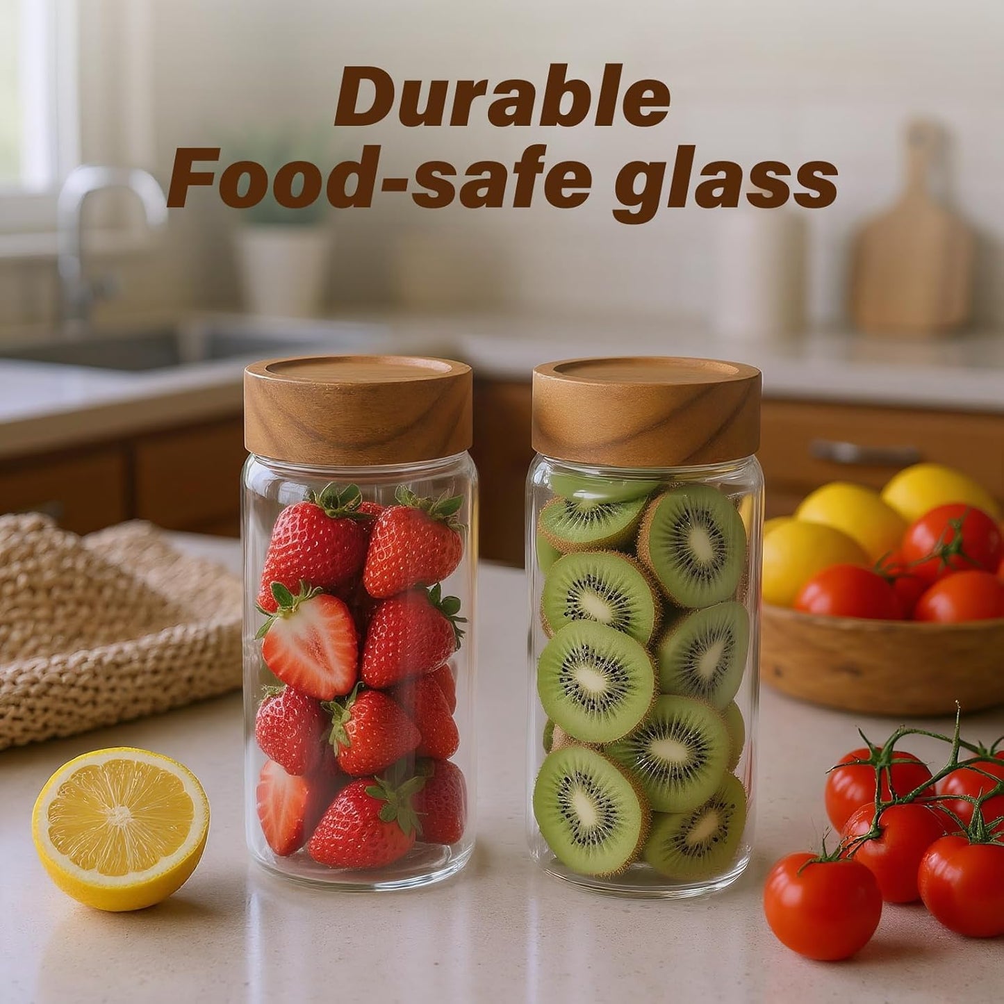 2-Pack 13 oz Glass Mason Jars with Acacia Wood Lids - Sealable, Leakproof, Clear & Stackable Food Storage Containers for Overnight Oats, Meal Prep, Flour, Sugar & Rice Storage